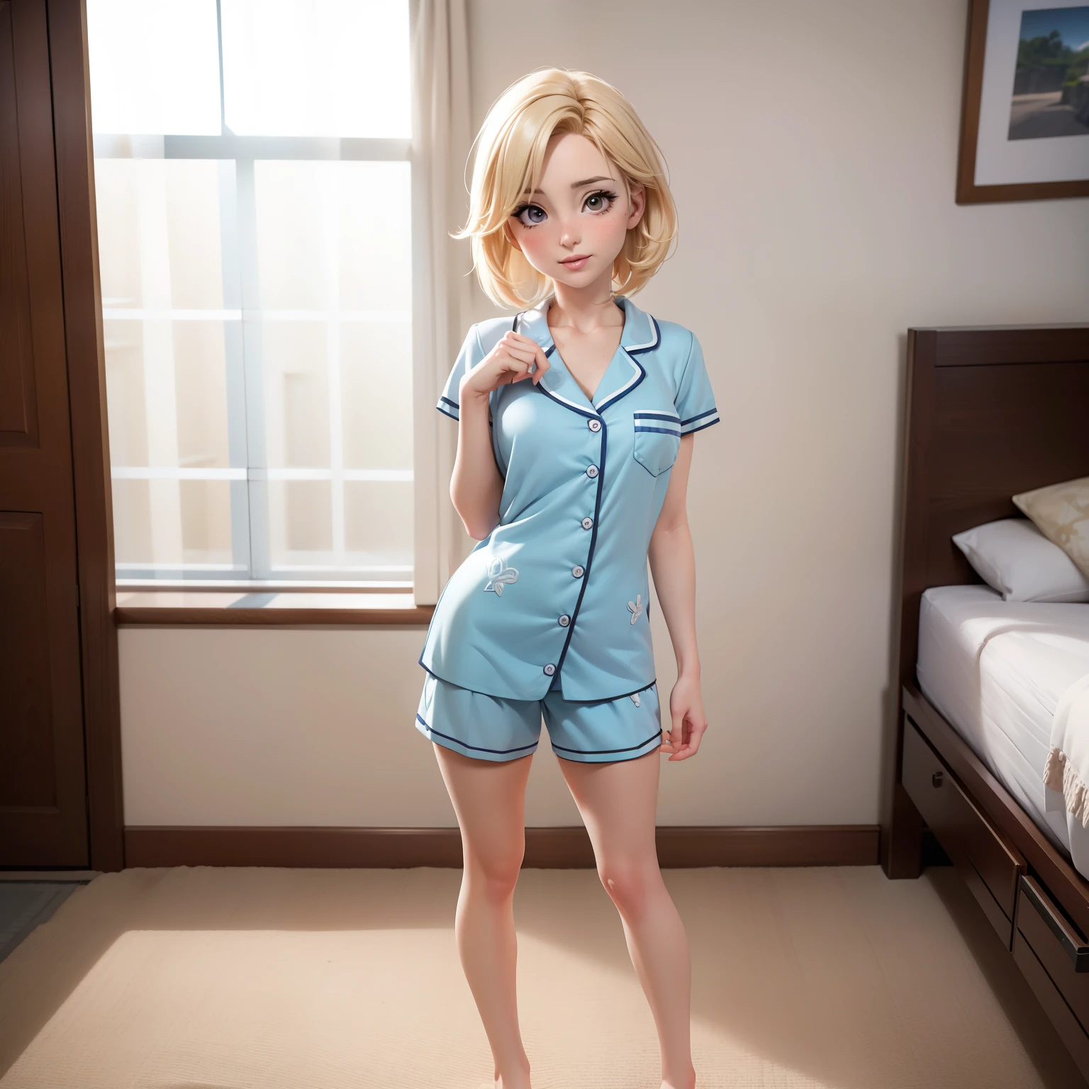 Piper Perri, standing in a bedroom, pajama, ((alone)), true to life body, make it real, ((perfect face)), detailed face, cinematic lighting, Masterpiece, highly detailed, high definition, detailed scenery, ((hyperrealistic anime)), ((full body:1.4))