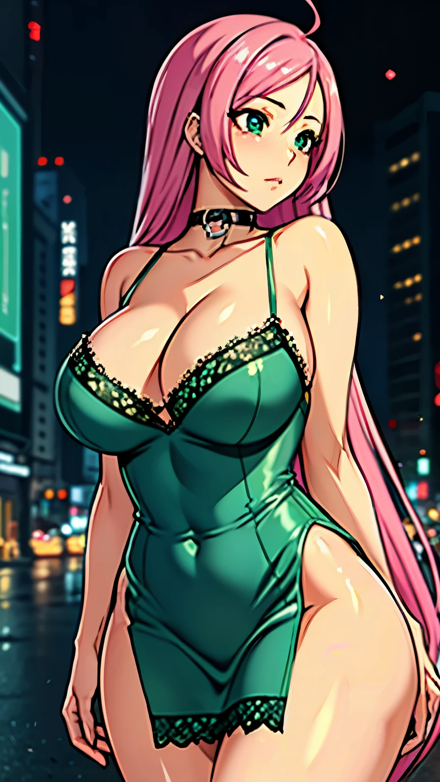 1 girl, 19 years old, Long pink hair, green eyes with slit pupils, High quality, Highly detailed CG unified 8K dendenden wallpaper, Highly detailed, High-definition raw color photos, Professional Photography, Beautiful detailed, Super Detail, high details, depth of fields、thighs thighs thighs thighs、beauty legs、Bare legs、 Super beautiful detailed face, (Best Quality, 4K, 8K, hight resolution, masutepiece:1.2), Physically-based rendering, Vivid colors, (Big , ultra gigantic , Super super big, Glamorous body), ( gorgeous lace camisole mini dress), (Cyberpunk City)、(Cyberpunk city at night), (FULL BODYSHOT),