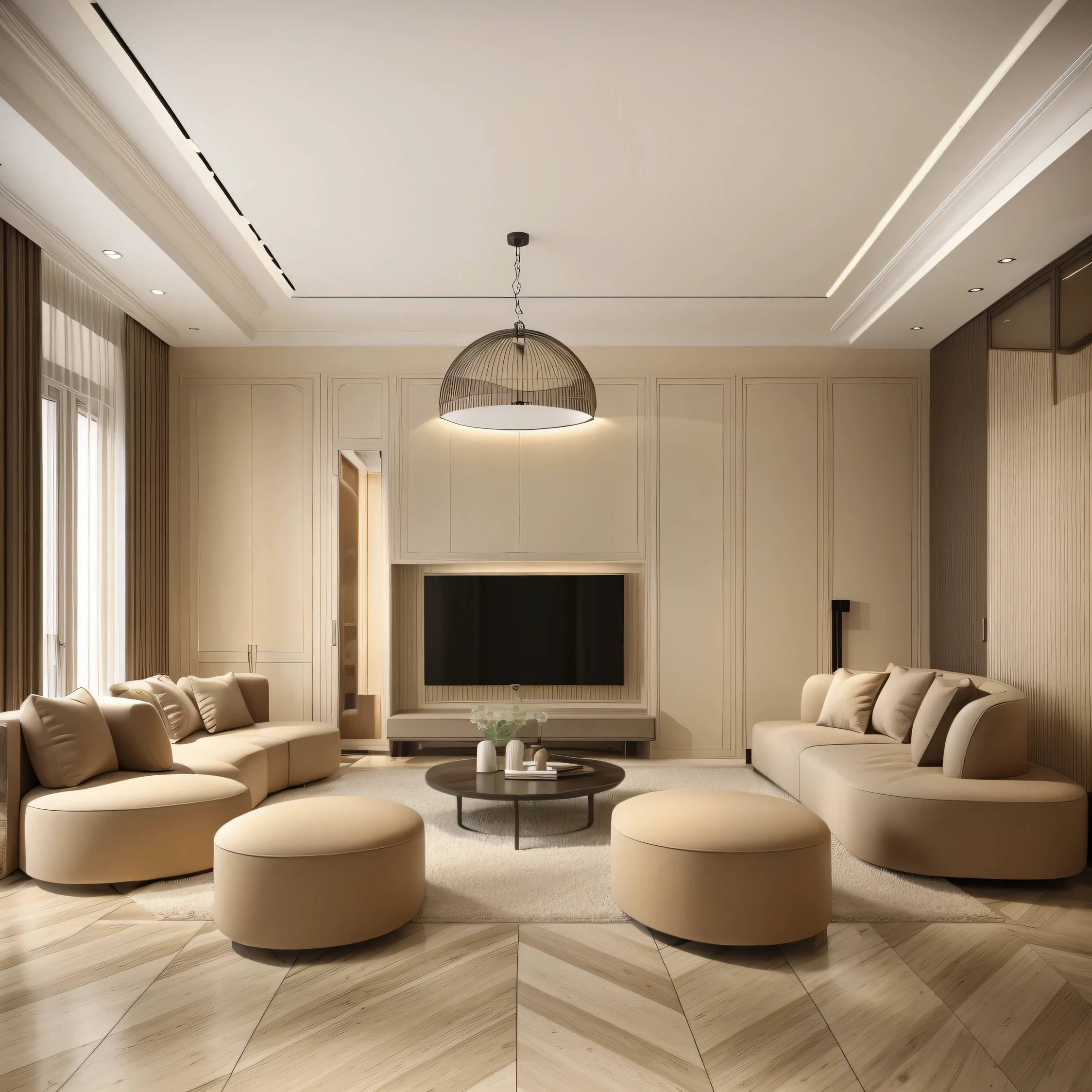 parisian-style livingroom, 1 television on the wall:1.3, a brown wooden floor, cream-colored curtains, a white door, and super sharp photos that exude elegance.