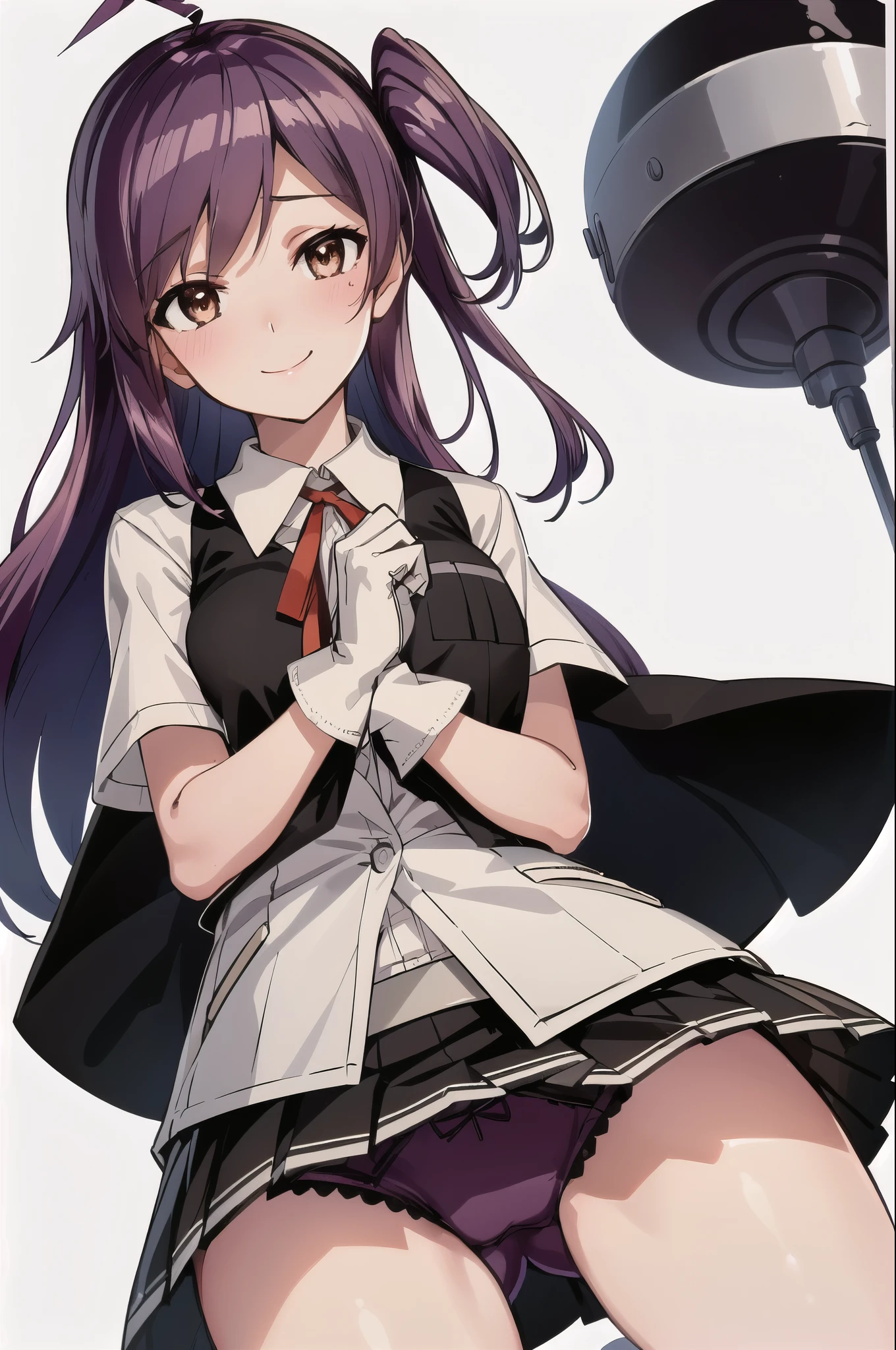 masterpiece, highest quality,
1 girl, alone,
(white background:1.4), looking at the viewer,
smile, blush, clothing lift,skirt lift,lift it yourself,  purple_panties,
hagikaze, Ahoge, one side up,
shirt, neck ribbon, short sleeve, vest, black skirt, white gloves,
be quiet,