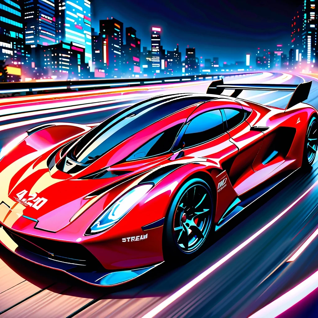 masterpiece, best quality, 4K, A stylish red racing car speeds around the track, Leave a trail of light, dark background，Contains numbers and lines representing speed or data transfer, Jet-like oil painting effect，Provide artistic style. High-tech race car with futuristic design, Smooth and dynamic lines, Race on a spacious track，The streamlined body and cool black color are eye-catching. Cityscape background with skyscrapers and bustling scenery, Forming a picture full of modernity and technology. The racing car is placed at the bottom of the frame, The cityscape fills the rest of the frame