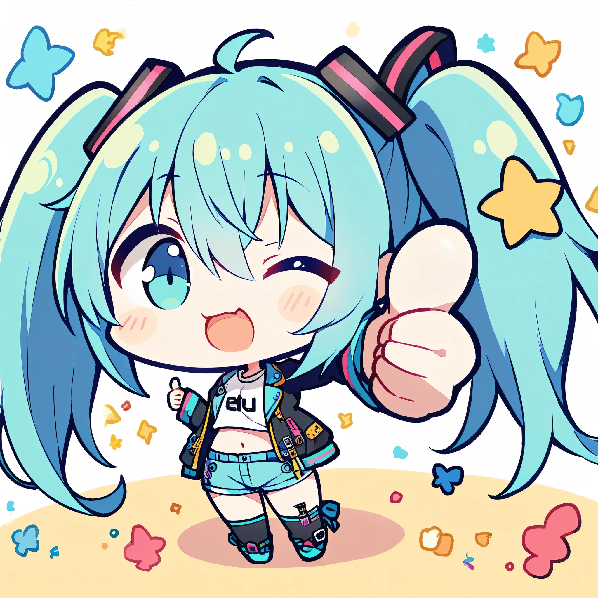 A dynamic, chibi vocaloid illustration, full body, from front, of hatsune miku, blue twintails, one eye closed (winking:1.2), cropped white t-shirt, jean shorts, open leather jacket, reaching forward (thumb up:1.2), simplespace background