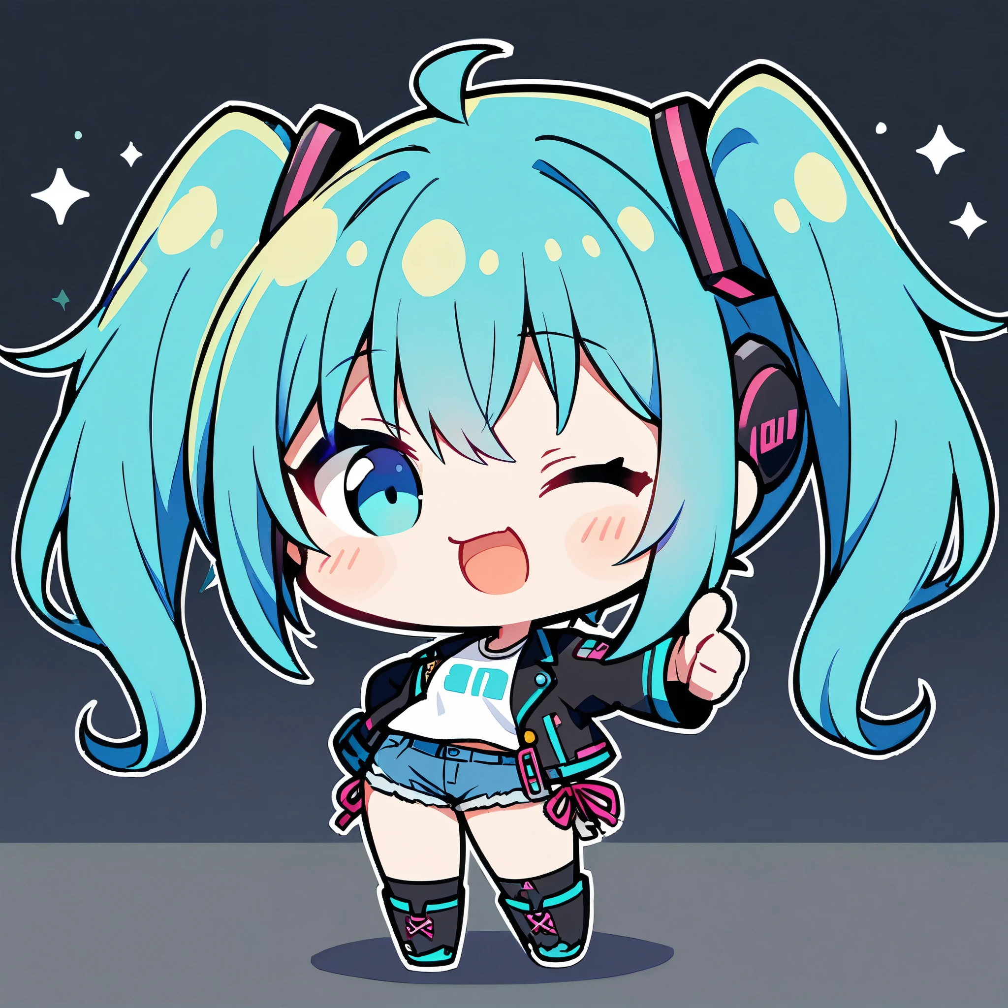 A dynamic, chibi vocaloid illustration, full body, from front, of hatsune miku, blue twintails, one eye closed (winking:1.2), cropped white t-shirt, jean shorts, open leather jacket, reaching forward (thumb up:1.2), simple dark space background