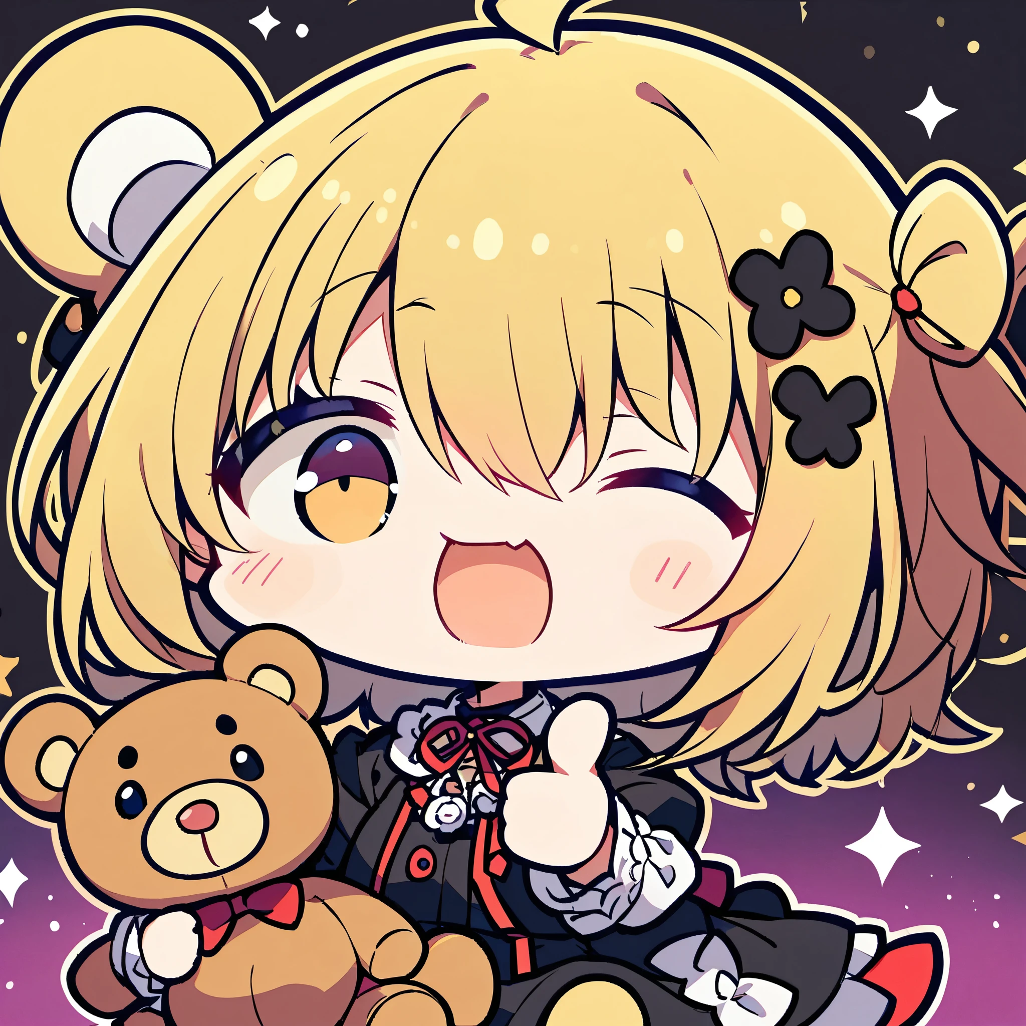 A dynamic, chibi vocaloid illustration, full body, from front, of Mayu, gothic yandere, holding teddy, Long blonde hair, one eye closed (winking:1.2), black gothic dress, reaching forward (thumb up:1.2), simple dark space background