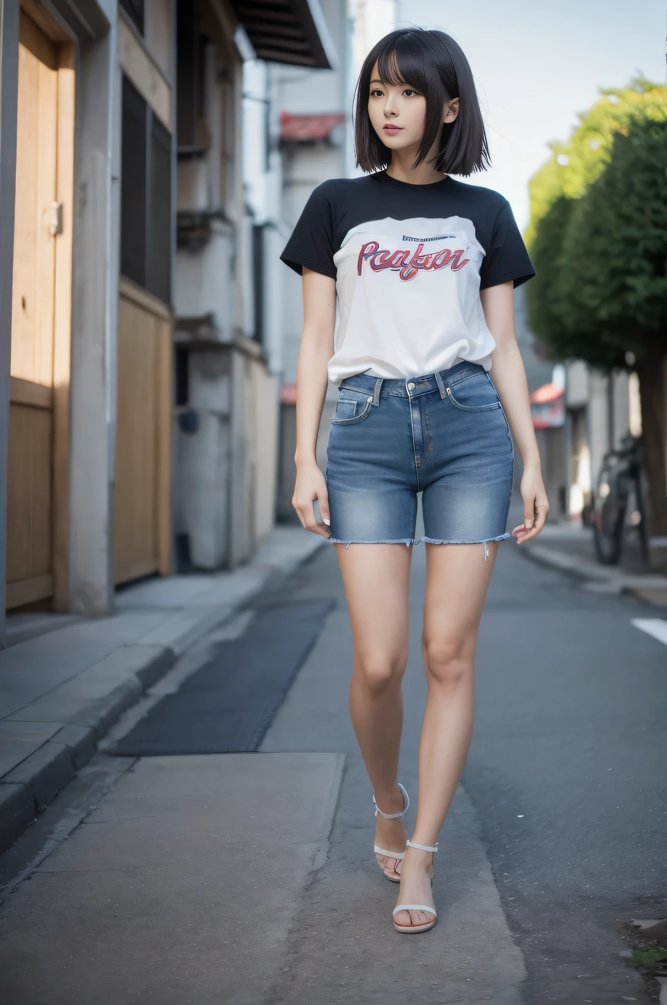 highest quality,masterpiece,32k,sharp focus,150mm,F1.4,professional lighting,cinematic lighting,Natural light all over the body,slim and smooth lines,beautiful japanese woman,25 year old girl,Are standing,street,short hair,long hair,t-shirt jeans cheap,