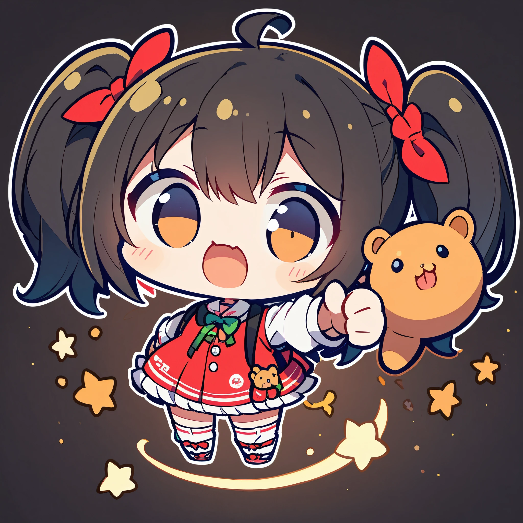 A dynamic, chibi vocaloid illustration, full body, from front, of Kaai Yuki, ((black hair:1.4)), (pigtails:1.2), short red dress, knee socks, backpack, reaching forward (thumb up:1.2), dark (space background)