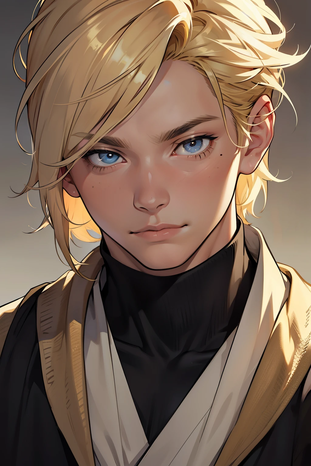 A 17-year-old boy with blonde highlighted hair and fair skin is depicted in the image, with his eyes slightly closed as if lost in thought. A mole can be spotted on the right corner of his eye, adding a unique character to his feature. The background is painted in a soft, yellowish hue, creating a warm and inviting atmosphere. The boy's face is shown in greater detail, with each strand of hair rendered in intricate precision, and his eyes boasting a hyperdetailed, ultra-realistic appearance. The mole on his eye is finely textured and shaded, adding to the overall lifelike quality of the artwork. The boy's face is lightly lit,