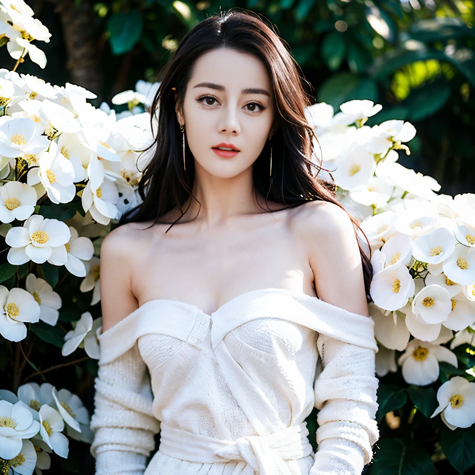 ((top quality、8k、Masterpiece:1.3))、Extremely delicate and beautiful girl,full-body shot,huge breasts,bigger breasts,amazing breast size,G cup。Wear big earrings,Very white skin,moist red lips,Waist is very thin,Thighs are very thin,big butt,fair and smooth skin,Smooth and fair skin,flawless skin,Fair and shiny skin,cold white skin,The camera focuses on the chest,Bright light,Loose white sweater,Lower body exposed,bare shoulders,white hair,hair is white,White hair,Snow covers the ground,snow mountain,sunset,There is a tree full of white flowers on the upper right