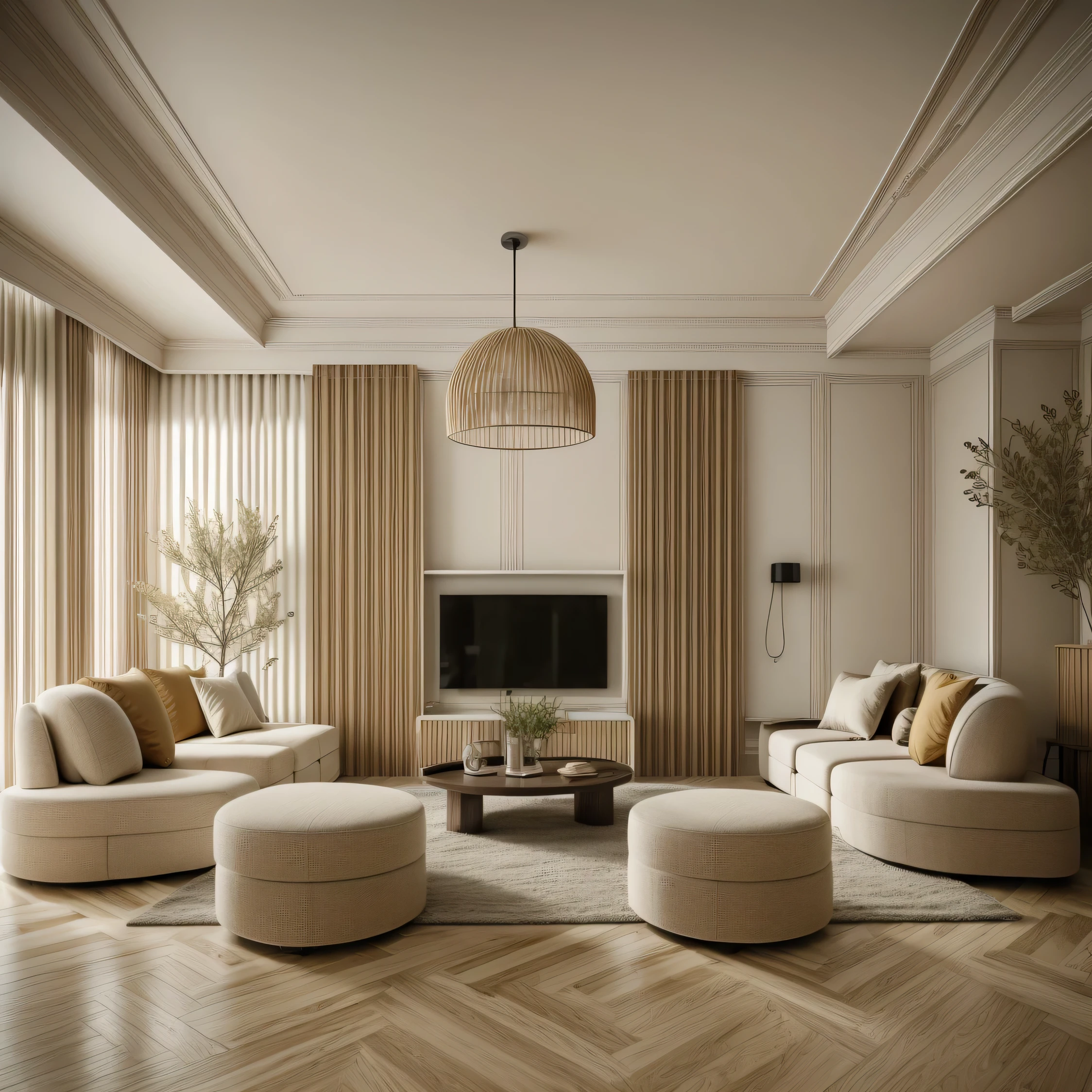 (((parisian-style livingroom))),  felling vintage,1 television on the wall:1.3, a brown wooden floor, cream-colored curtains, a white door, and super sharp photos that exude elegance.