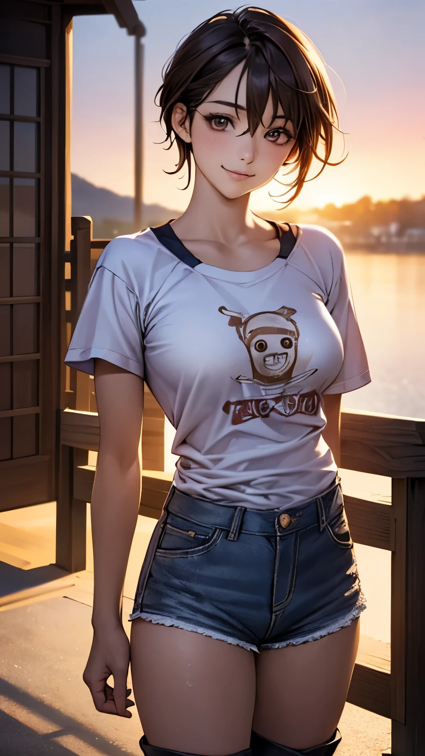 (masterpiece:1.2, highest quality), (realistic, photorealistic:1.4), beautiful illustrations, (natural side lighting, movie lighting), NSFW,
looking at the viewer, 1 girl, Japanese, high school girl, , perfect face, Cute symmetrical face, shiny skin,
(short hair, brown hair), hair between eyes, brown eyes, long eyelash, (medium breasts),
beautiful hair, beautiful face, detailed and beautiful eyes, beautiful clavicle, beautiful body, beautiful breasts, beautiful thighs, beautiful feet, beautiful fingers,
((T shirt one piece:1.6, middle boots, shorts)),
(beautiful scenery), evening, (outdoor), Are standing, (cute smile, cowboy shot),