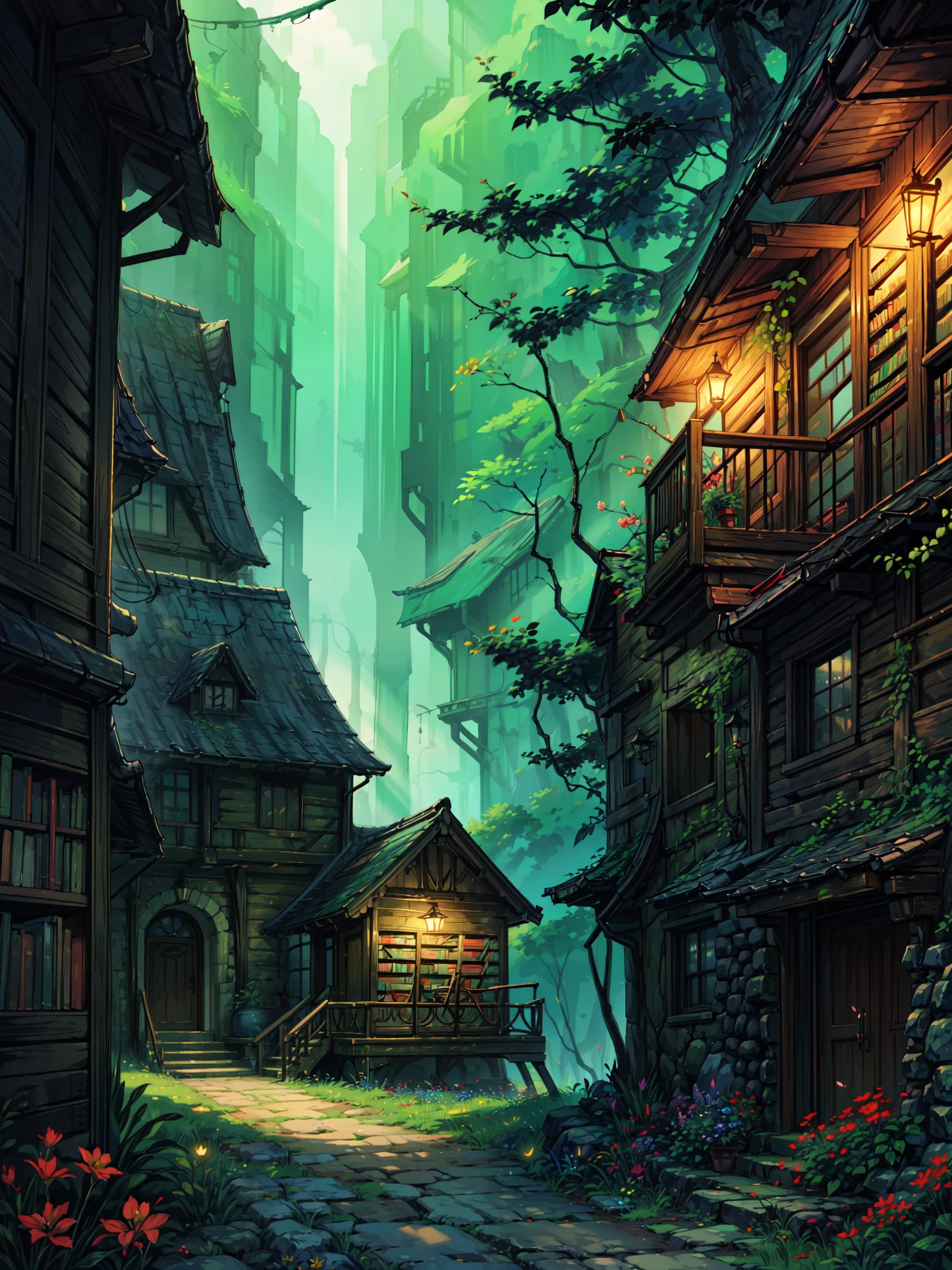 (masterpiece:1), (wide view:1.6),(an open book library:1.8), (book shelves:1.3), (books on table :1.5), (day time:1.5), silence, (bright sunlight falling:1.5), (giant sequoia trees:1.5), (soft glow of vibrant tones:1.4), (foliage:1.5), magnificent sky, (volumetric light:1.2), peaceful, (plant pots:1.4), (aesthetically pleasing:1.5),(flowers:1.3), (dense forest:1.3), (pebbles:1.5), (wildflowers:1.4), (beautiful aesthetics:1.2), (vines around:1.5), (vibrant environment :1.4) beautiful tones, subtle colors, peaceful, (illustration: 1.0), epic composition, realistic lighting, (no human:1.6), HD details, masterpiece, best quality, ,