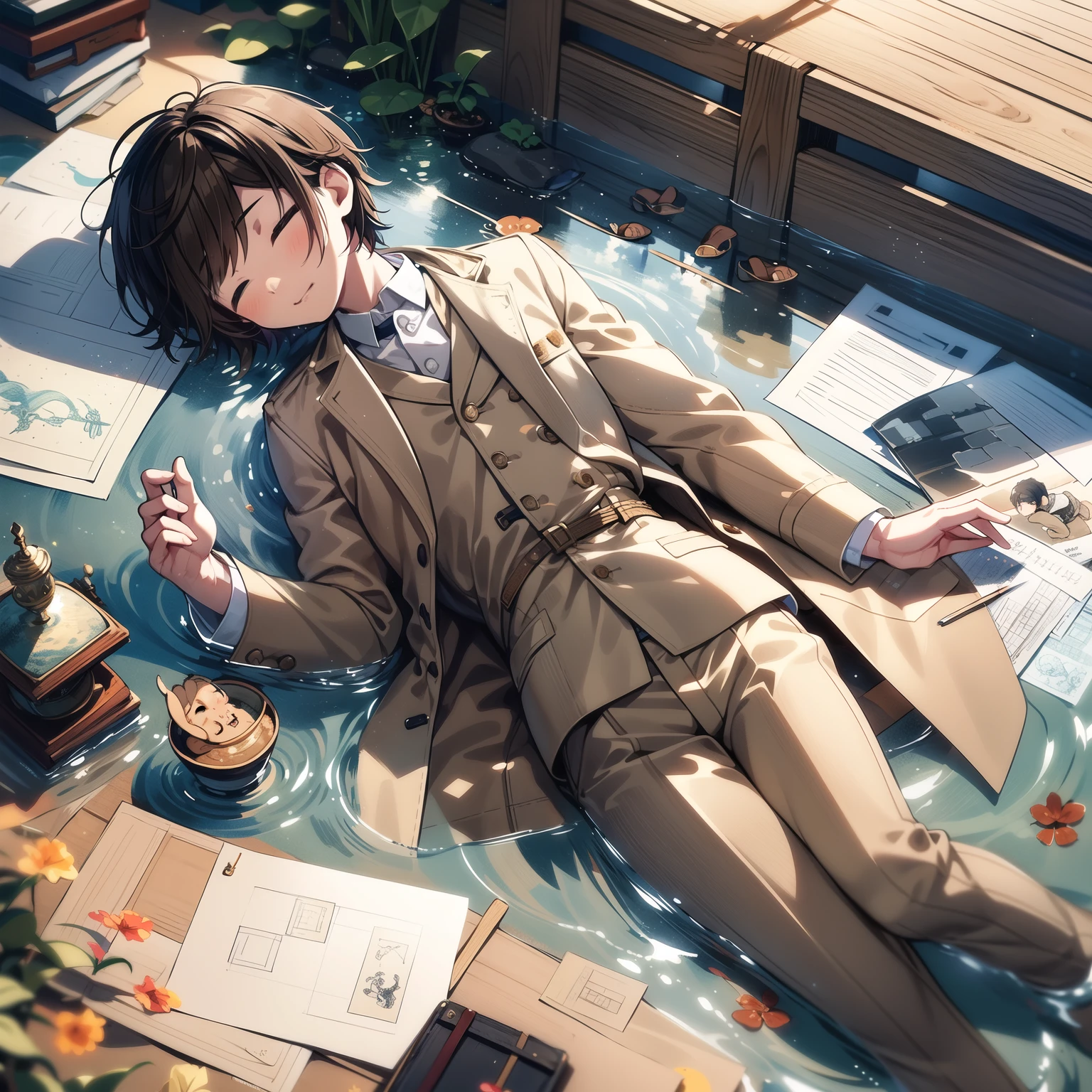 Cute Asian boy lying flat on water,short brown hair,white shirt,close eyes,Beige trench coat,surrounded by lots of drawing paper,Styled by Peter More,Inisha Gamas,Little Feiyue,pretty,Fairytale core,overhead shot,medium to long shot