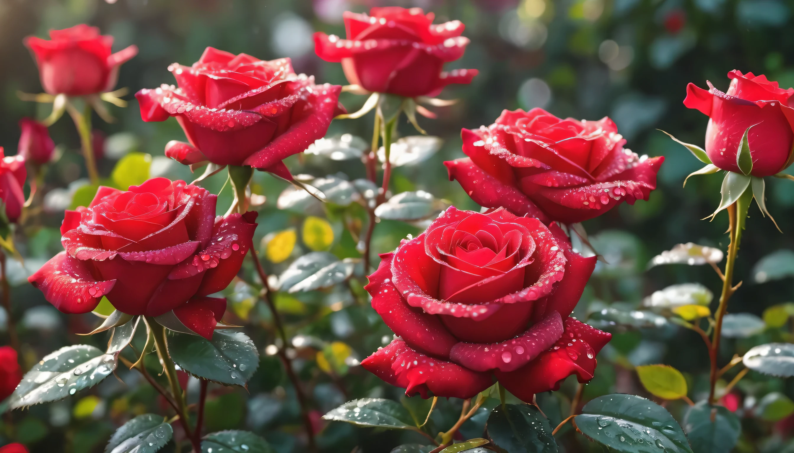 Many red color rose flowers in the garden and sunlight with bokeh, dew drops on flower petals (masterpiece, ultra quality, high resolution, 8k, intricate: 1.2), (masterpiece), (best quality:1)
