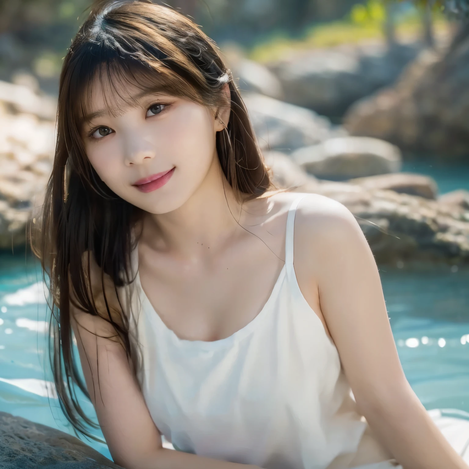 ((Tank top)),A hot spring resort in the mountains of Japan,beautiful mountain in background々,open-air bath、(視界を遮る熱湯煙 rock bathから立ち上る水蒸気:1.3),(rock bath:1.3),(open-air bathで肩を深く浸かる:1,3),(No sleeve)、cheeks turn red、smile shyly、(beautiful girl) 、blushing with embarrassment、dreamy eyes、A smile that confuses the viewer、Check out the photographer、skin shining with sweat、look at the viewer,necklace、earrings、pointed red mouth,perfect round face,proper body proportions,intricate details,very delicate and beautiful hair,realistic pictures,dream-like,professional lighting,realistic shadow,focus only,beautiful hands,beautiful fingers,Detailed functions of fingers,Detailed arm functions,Detailed characteristics of hair,detailed facial features,(highest quality,Ultra high resolution output image,) ,(8K quality,),(Image mode Ultra HD,)