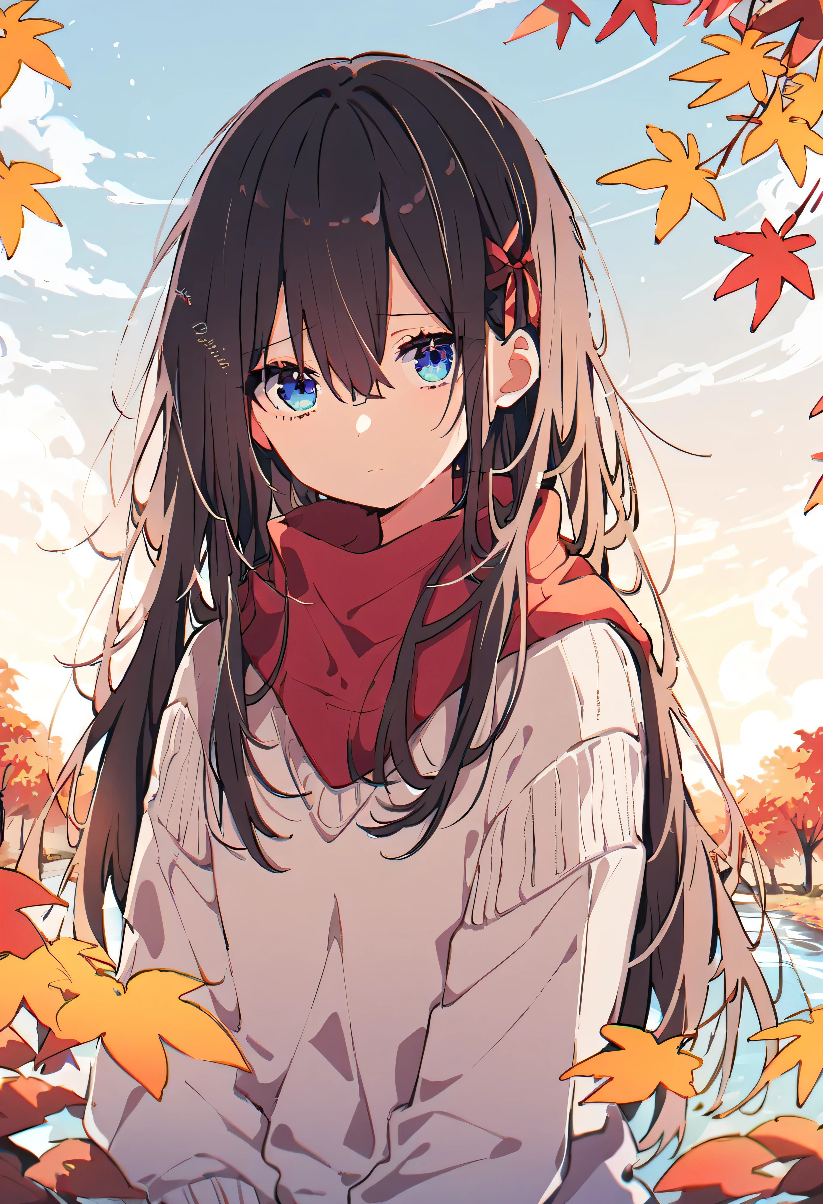 (masterpiece), highest quality, Super detailed, shape, warm lighting, soft lighting, bright colors, 1 girl, alone,( beautiful girl, long hair, blue eyes, ribbon, brown hair, hair between eyes, hair ribbon, side lock, very long hair, messy hair,) , autumn, many maple trees, maple leaf, golden leaves, autumn leaves, dried leaves, river,  refreshing air,  peace, cool breeze , sweater weather,( Please wear a white or brown sweater, red scarf, moody fall, 物sad, melancholy, sad ,Worried, longing,)