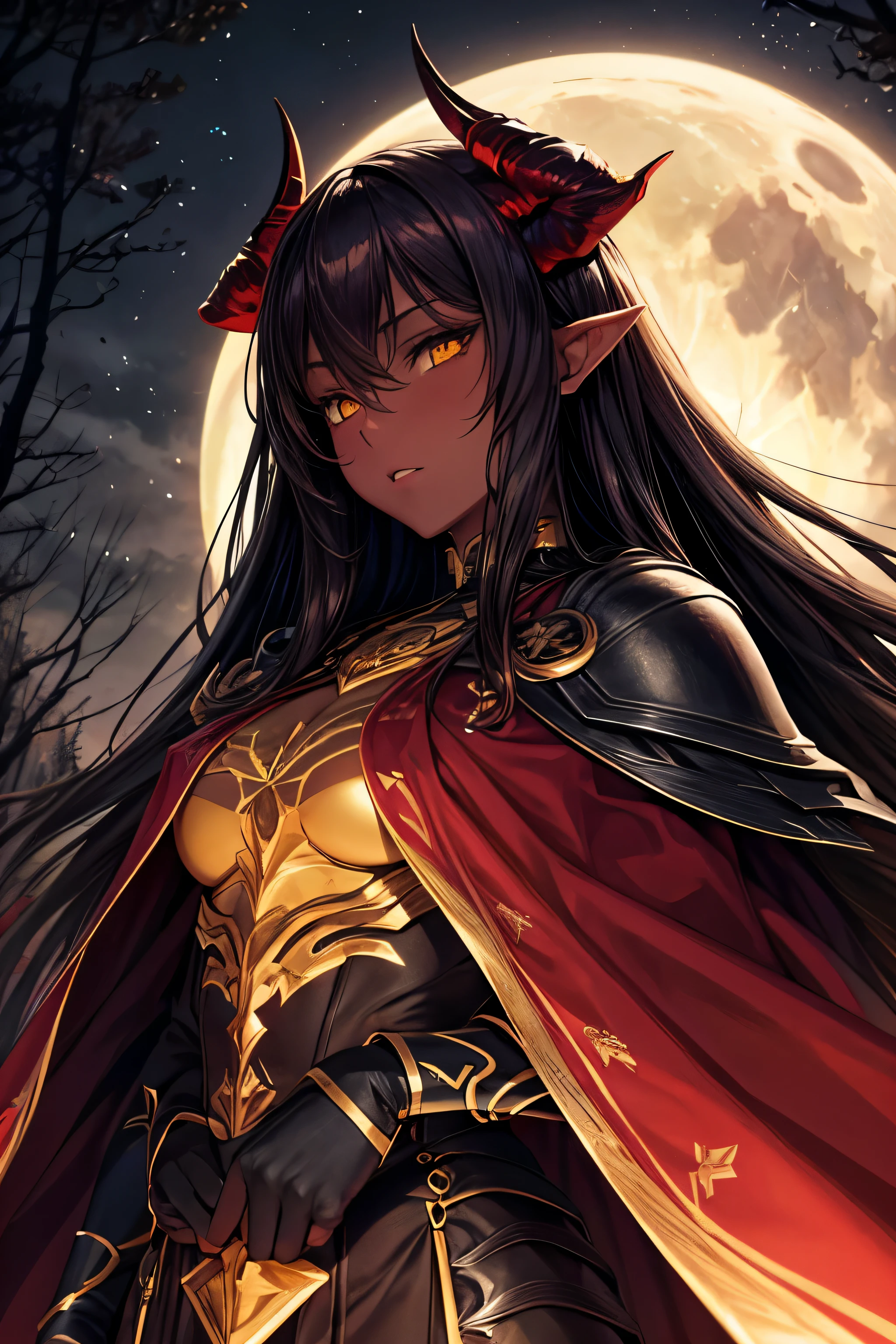 best quality, NSFW, Extremely beautiful, beau visage, Cheveux bruns longs et raides, les yeux jaunes, (Shiny dark red skin : 1.2), demon horns, revealing dark armor, cape sombre, in a dark forest at night, moon in the background