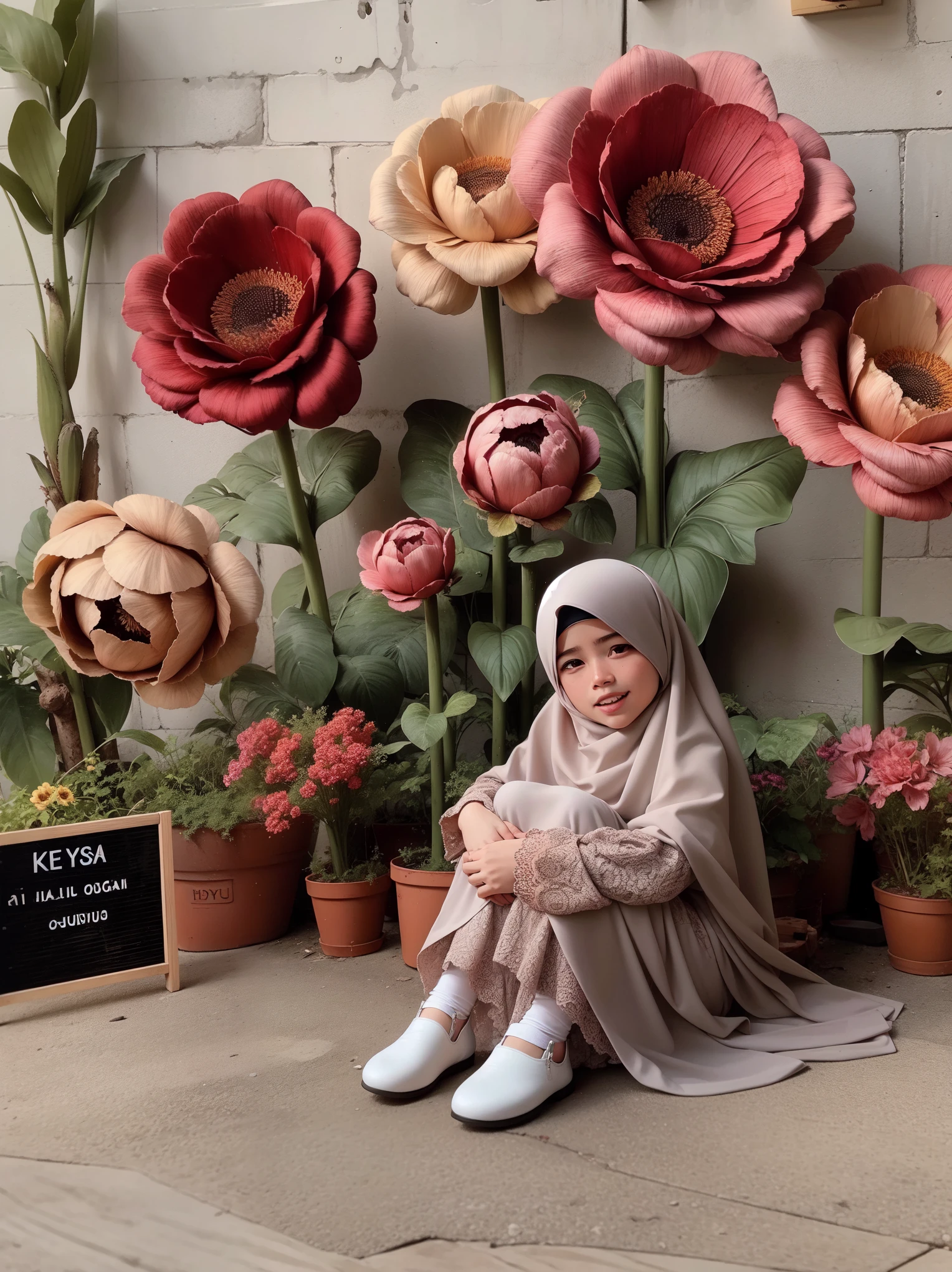 there is a sitting in front of a flower display, inspired by Nazmi Ziya Güran, inspired by Naza, with flowers, inspired by Fathi Hassan, katelynn mini cute style, hijab, girl in flowers, sitting with flowers, instagram picture, inspired by Mym Tuma, reyyan, ( ready - made )
