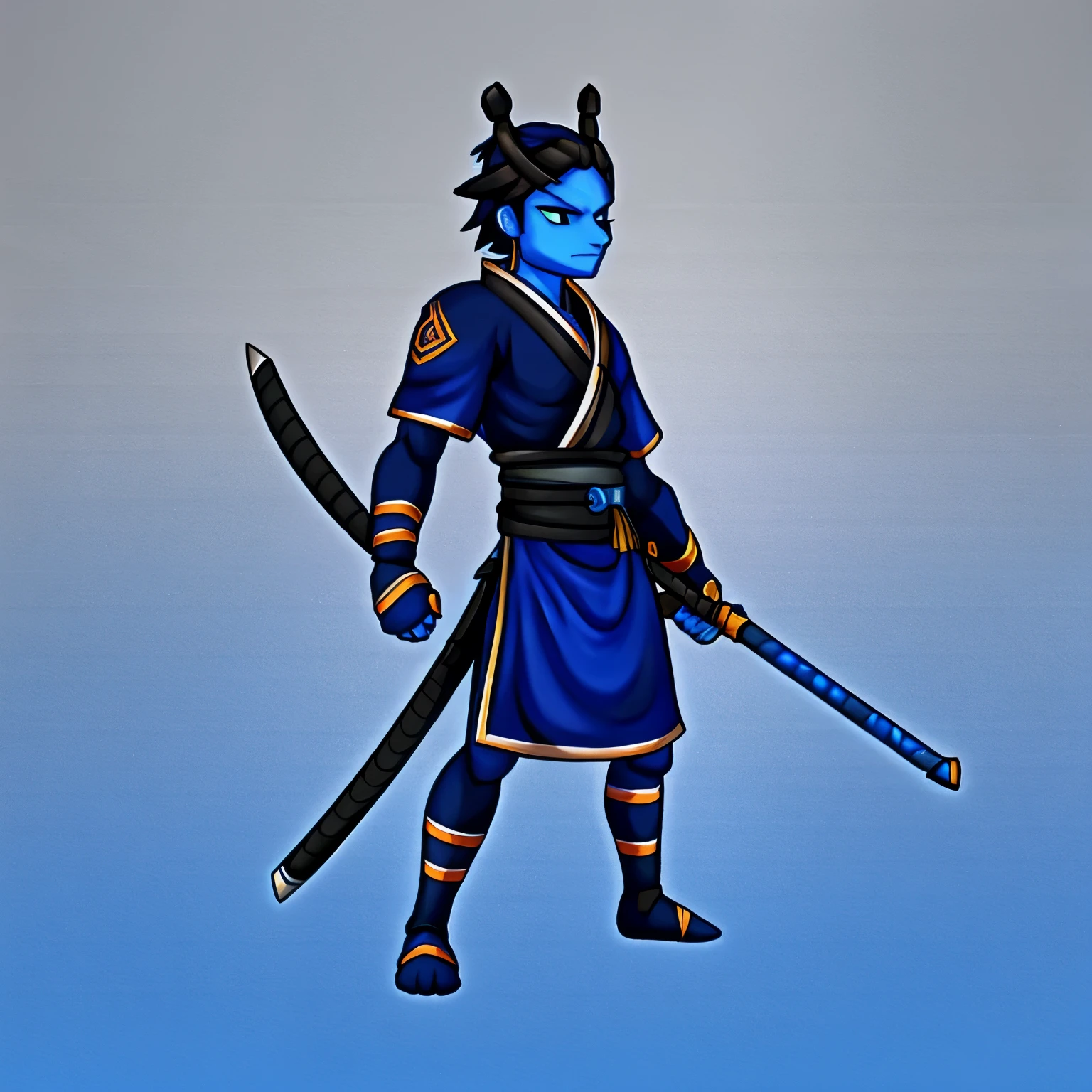 Black samurai hold blue katana with blue aura around him,no background
