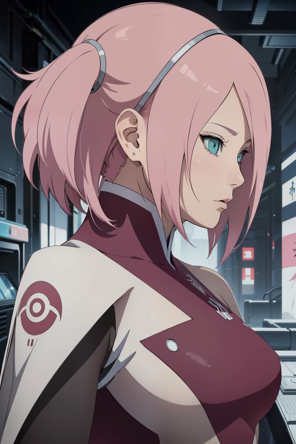 In this captivating image, a bold and heroic female Japanese anime character is depicted with a striking P5X style side face. Her vibrant white dyed pink hair clashes strongly to the left, adding an alluring contrast to her determined expression. The side face reveals her high nose bridge and normal ears, accentuating her unique and captivating features. This exquisitely designed anime character embodies both power and elegance, making it a masterpiece worthy of admiration in the world of anime art. (1024x1024 pixels, dramatic color palette, anime illustration, bold character design, beautiful Japanese anime art, suggestive side profile, feminine yet strong, expressive