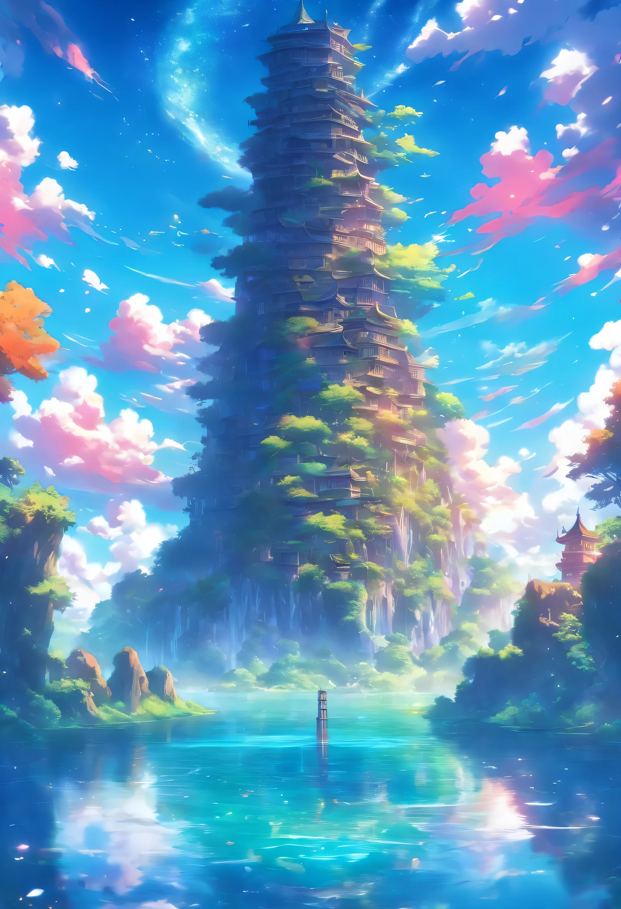 A tower that stretches from a remote island to the sky, Floating in a mysterious fairy lake,