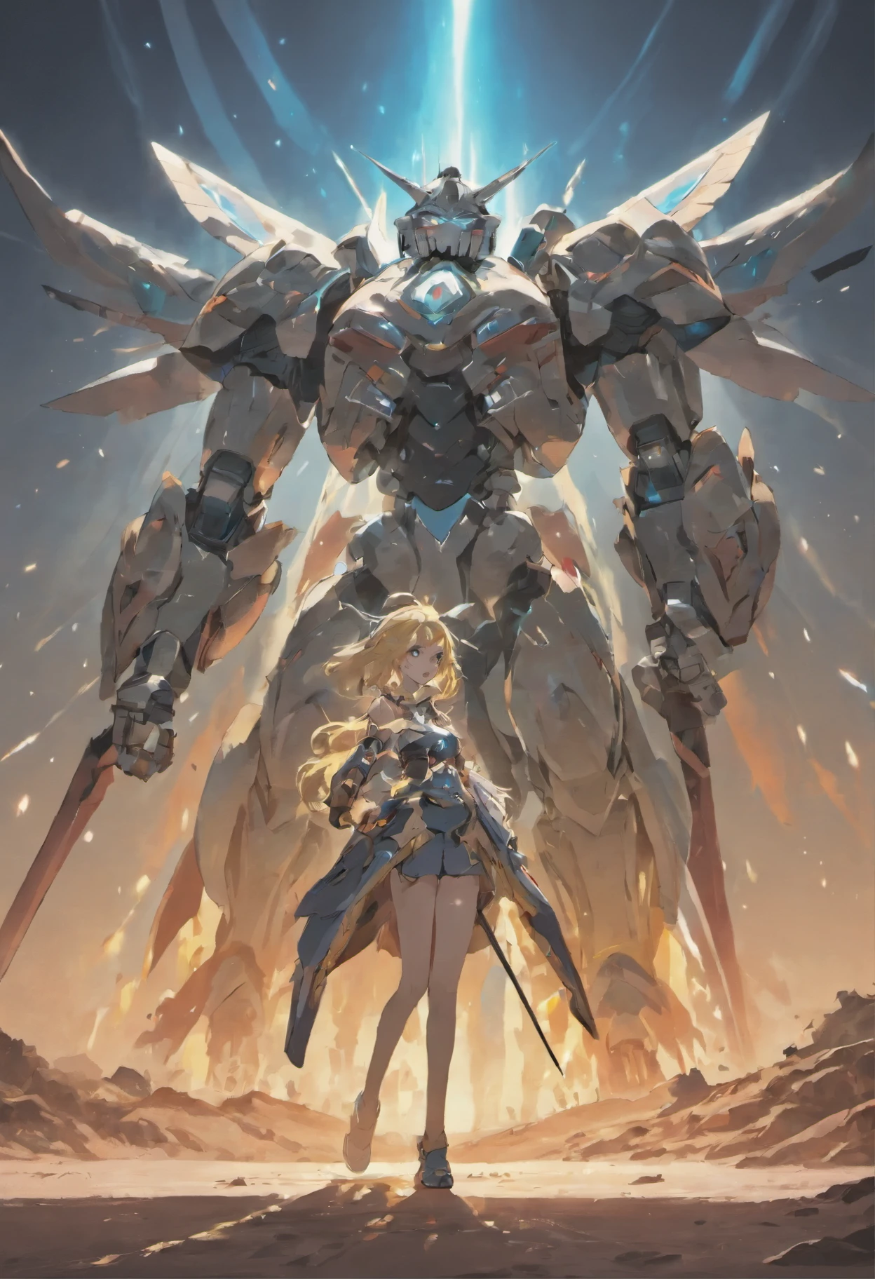 giant futuristic robot, Sword and shield, Fighting monsters in the desert.