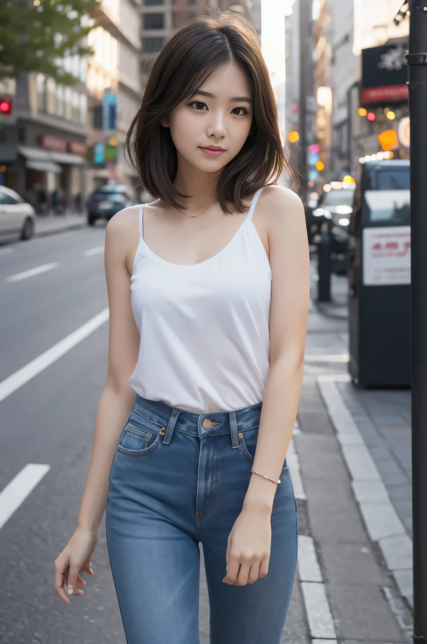 highest quality,masterpiece,32k,sharp focus,150mm,F1.4,professional lighting,cinematic lighting,Natural light all over the body,slim and smooth lines,japanese girl,25 year old girl,Are standing,street,short hair,long hair,Tank top,jeans are cheap,