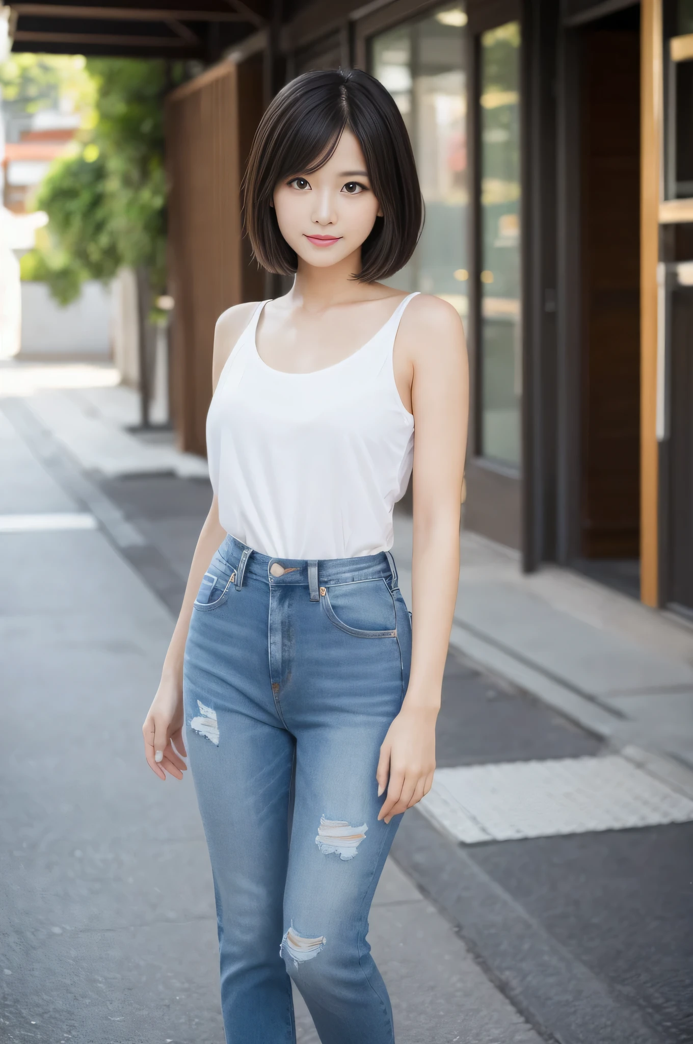 highest quality,masterpiece,32k,sharp focus,150mm,F1.4,professional lighting,cinematic lighting,Natural light all over the body,slim and smooth lines,japanese girl,25 year old girl,Are standing,street,short hair,long hair,Tank top,jeans are cheap,