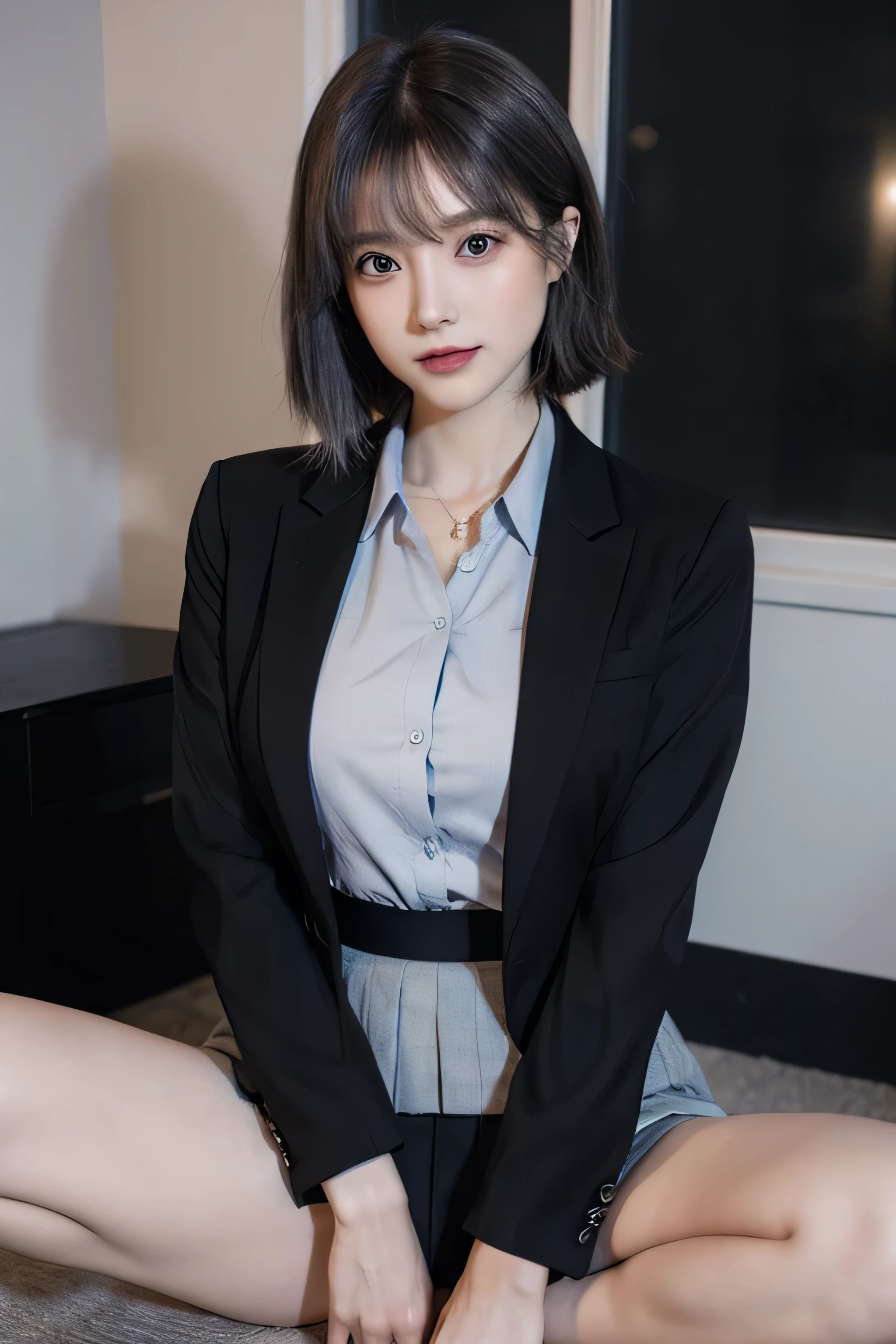 (masterpiece:1.2),(8K high quality), (highest quality), (reality), (It'realistic:1.37), Big eyes,long eyelashes,Precise action and realistic style),ultimate face,It'realistic, Light and shadow,, high detail skin,reality skin details,(Super detailed),straight short hair, ,((Full body photo shoot)),((少し離れたところからFull body photo shoot)), Only one woman in her 30s, cute type ,(Beautiful face with double eyelids), (realism: 1.4),(beautiful face 1.4),thin, (In office lady appearance'blouse and skirt:1.2),((at the company office)),medium hair,,((In office lady appearance suit and short skirt)),very beautiful legs,(((sitting))),((smile at the audience)),,very charming smile,,((Wearing a suit jacket and shirt blouse)),(spread your legs and show me your panties), I like to show my crotch to my viewers, I'man wearing black panties, (sit with both knees up, Very beautiful legs, The color of the pants is black, suit jacket is gray