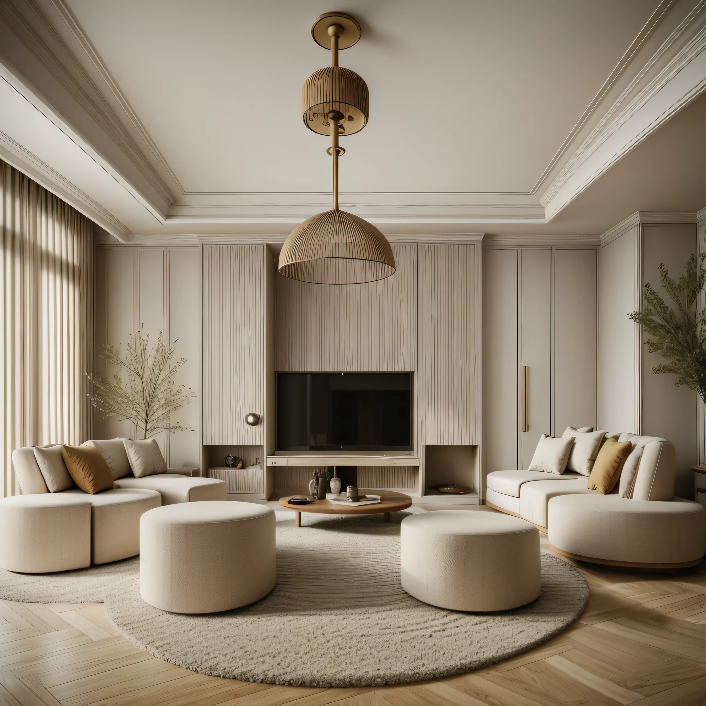 (((parisian-style livingroom))),  felling vintage,1 television on the wall:1.3, a brown wooden floor, cream-colored curtains, a white door, and super sharp photos that exude elegance.