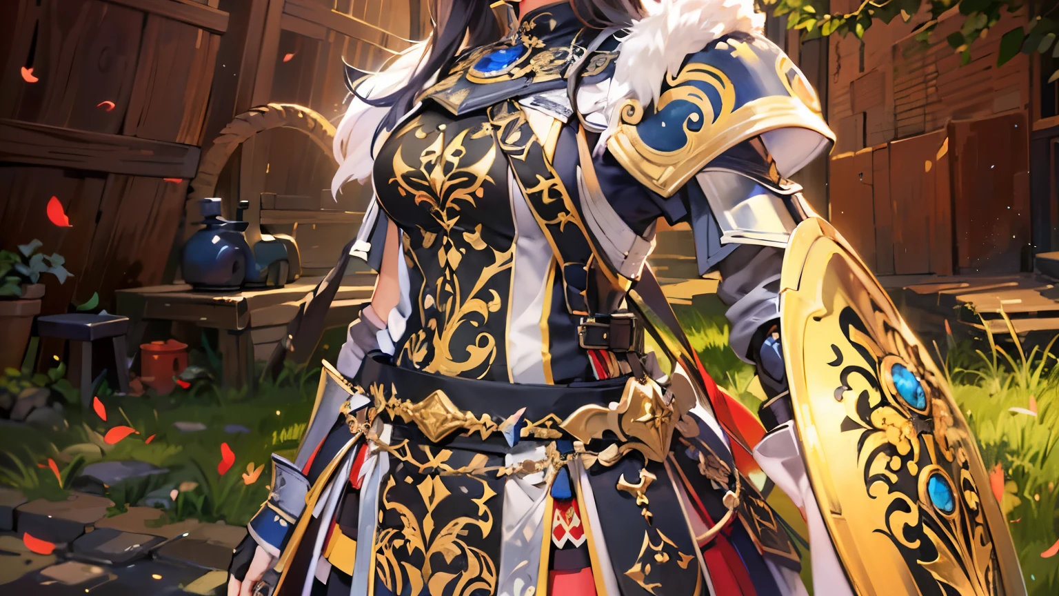 There is a female character wearing armor and holding a shield., picture of female paladin, Armor of Oblivion, female paladin, ffxi, gorgeous female paladin, wearing ornate armor, wears a shiny breastplate, Safijiva Armor, wears full plate armor, From Lineage 2, wears light armor, Wearing glowing plate armor, intricate white and gold armor