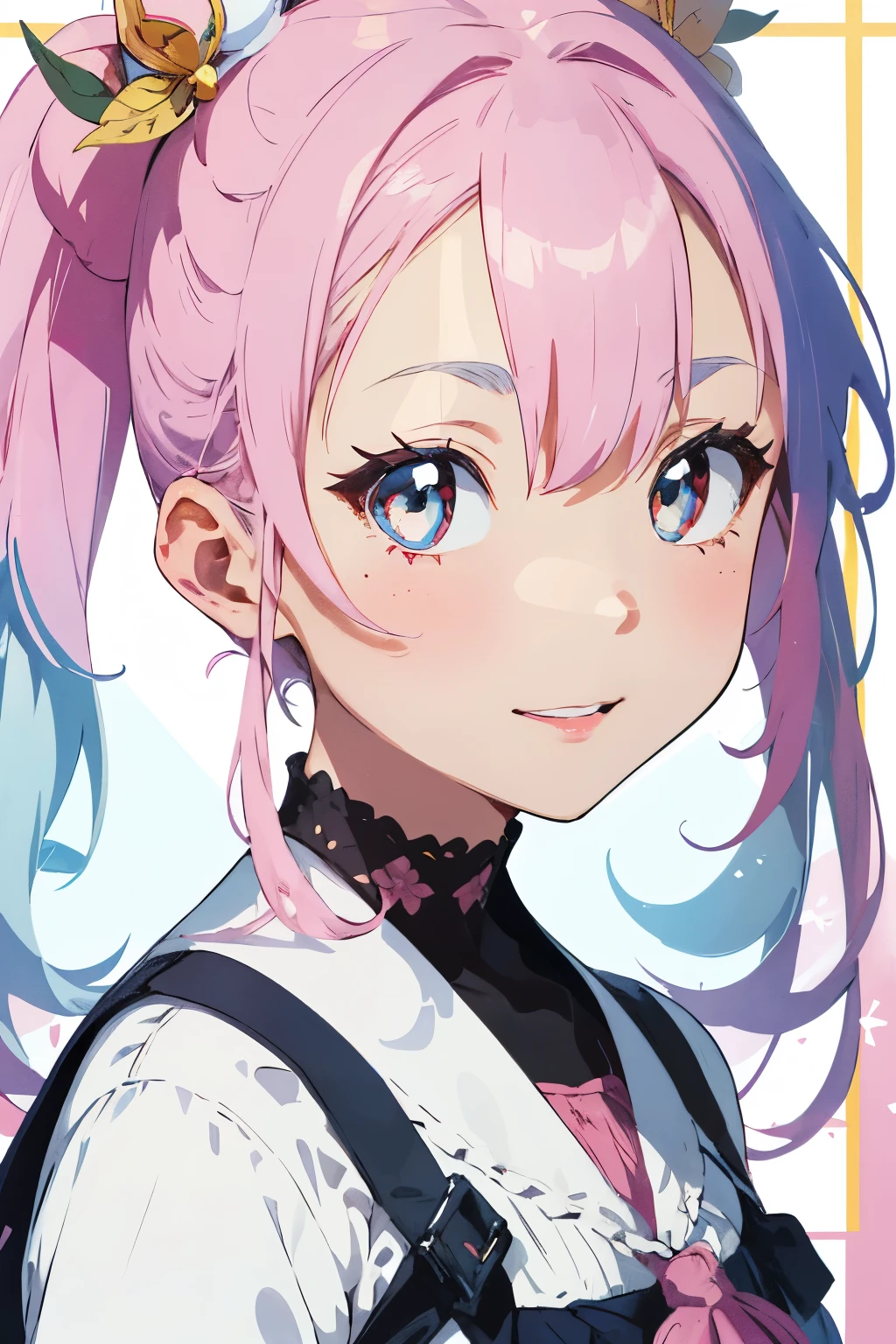 In the realm of two-dimensional art, a P5X style female character emerges, colors awash in lake blue. Her face, a testament to heroism, presents a three-quarters view, with peach blossom eyes radiant and golden pupils. A tear mole graces the right corner of her eye, adding a delicate touch. Her head boasts white hair, vibrantly dyed pink, framing her face with youthful allure. A sneer plays upon her lips, lending an air of confidence and mischief. Her bridge of nose is high and noble, her ears normal, yet ornate with tassel decorations. This captivating figure is poised to leave a