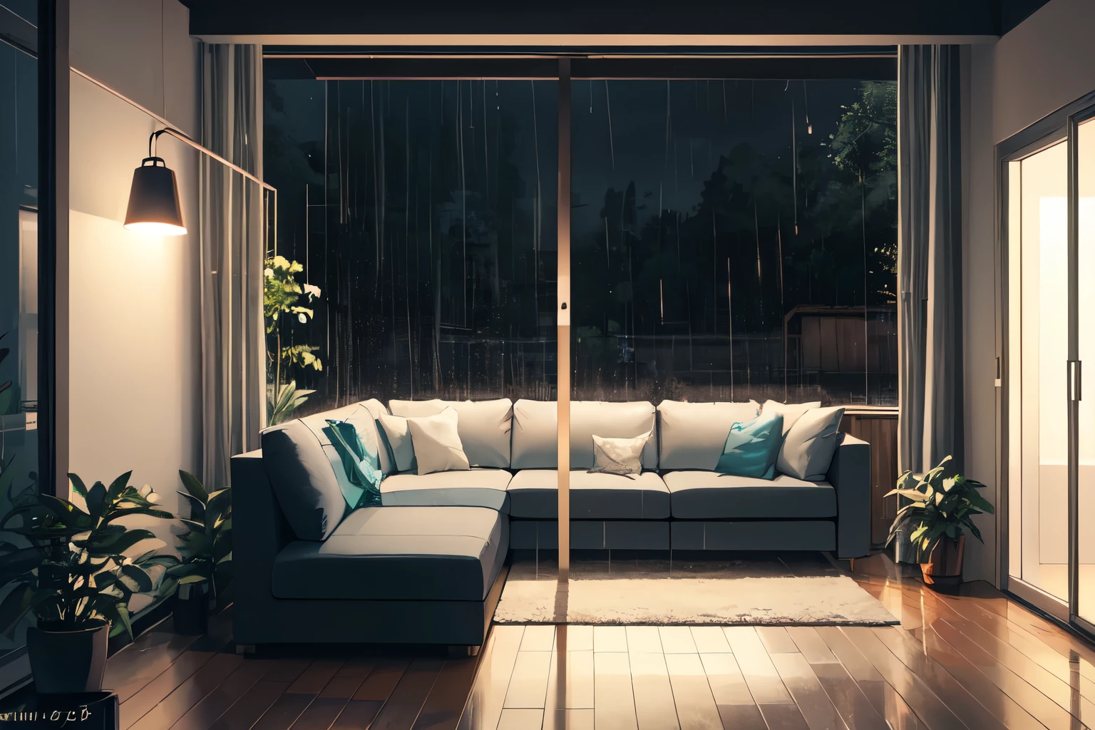 livingroom, night, raindrops, rainy weather, front view, very aesthetic, absurdres