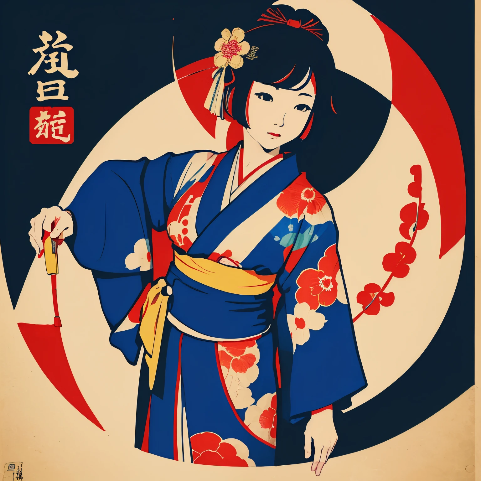 Art vintage japonais, Conception de t-shirts, art vectoriel, art plat:1,4." \\ (japonaise, en kimono, best quality, Art officiel, beaucoup de couleurs, couleurs du japon: 1.2)