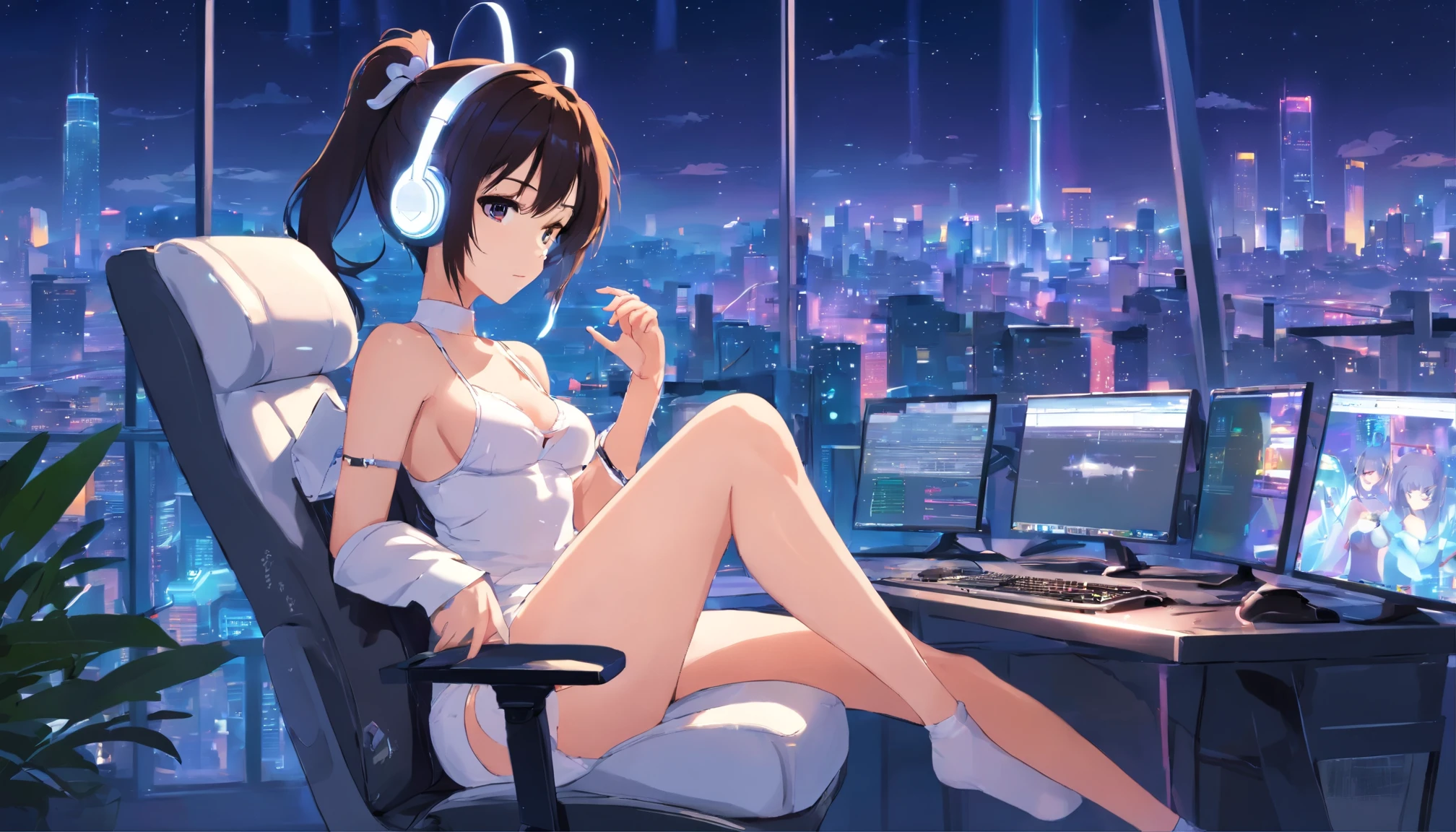 anime girl wearing white headphones, wearing a Calvin Klein underwear, she is wearing a thong, T-back, thong, Tanga, G-string, black hair, 29 years old, white gaming PC, white gaming chair, Exposed cleavage, big breasts H-cup, accentuate the cleavage, accentuate big, wearing a black garter belt, revealing skin, Owner of beautiful legs, nice legs, lovely pins, lofi girl anime vibes, lofi artstyle, anime style 4k, anime aesthetic, nightcore, lofi feel, lofi art, anime art wallpaper 4k, anime wallpaper 4k, lofi vibes, plants in the room, city view, white headphone, she is programming using PC keyboard, white keyboard, She is looking at a white monitor, a white computer mouse, devises are white color, sitting on a white gaming chair, Heavenly music that fills the air, one thick candle is lighting, Night city lights illuminate the room, full moon, short ponytail, Full body shot, full body, anime style, cinematic lighting, Sony FE GM, from above, masterpiece, best quality, 4K, highres