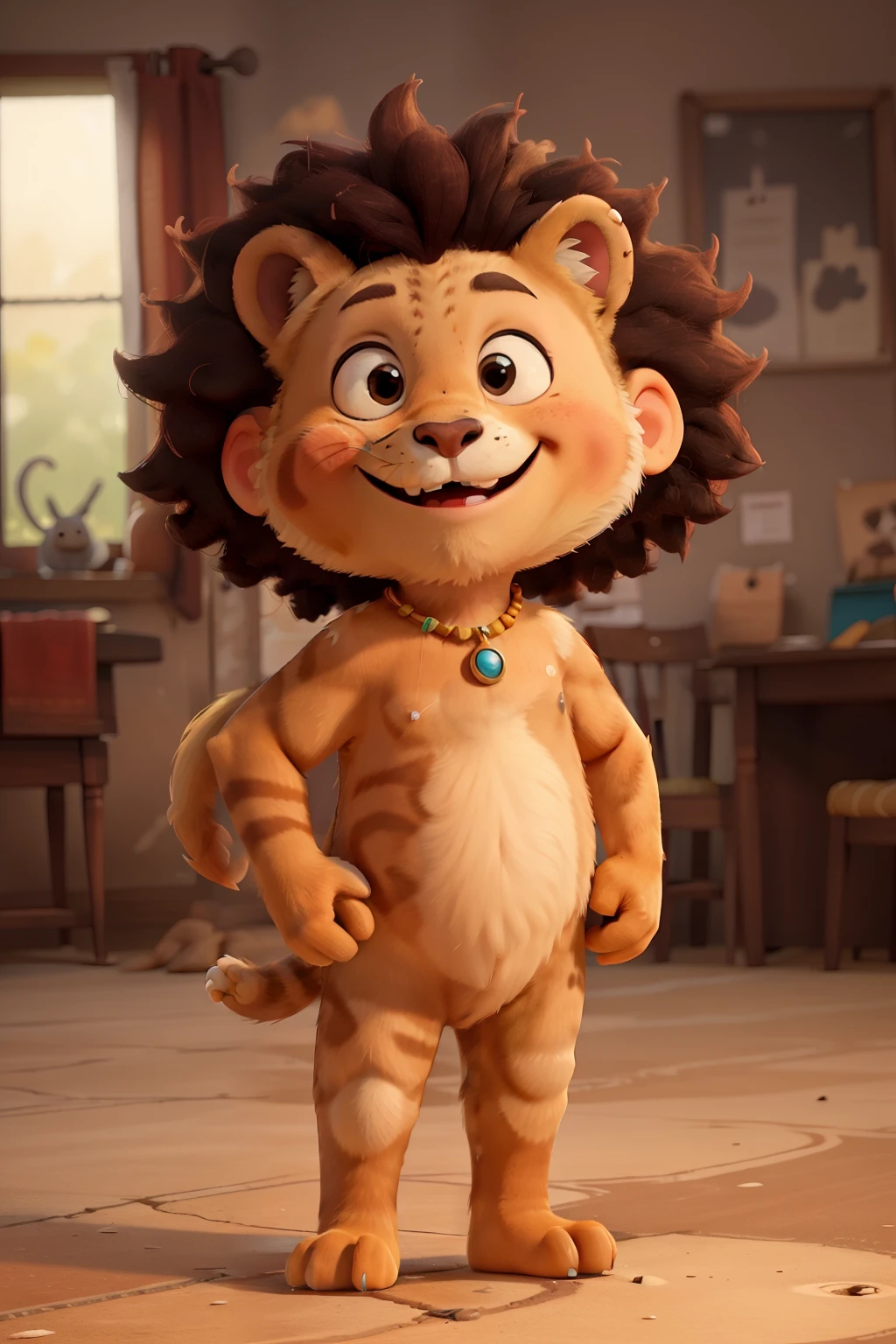 a smiling lion animal around 6 years old standing on two paws, lion fur, plump, beautiful mane, short mane