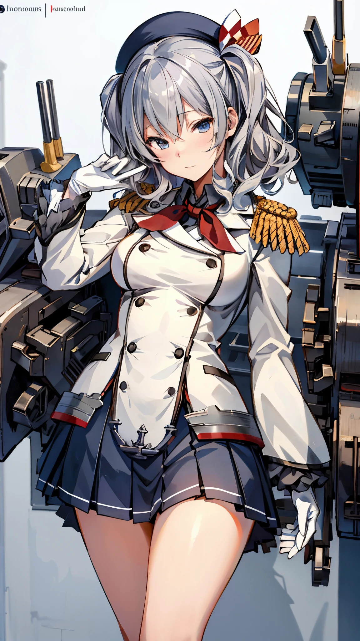 KashimaRIG, kashima \(kancolle\), beret, epaulettes, red neckerchief, frilled sleeves, long sleeves, military uniform, (white gloves) miniskirt, pleated skirt, anchor, rigging, turret, gun, machinery, canon,top-quality,Top image quality,perfect anatomy,masterpiece,ultra-detailliert,Beautiful,ultra-quality, best quality,high resolution, ultra-detailed,game cg,dutch angle ,beautiful detailed eyes,visualart,five fingers, perfect hands,