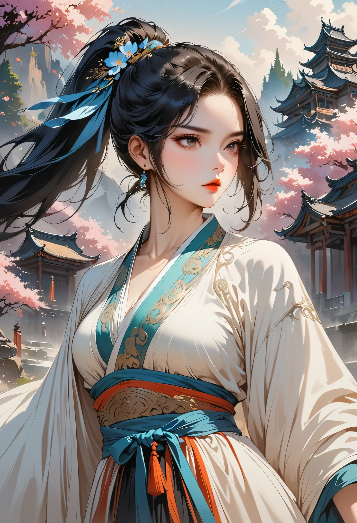 Beautiful details for girls, Very detailed eyes and face, beautiful eye details, super detailed, High resolution, Very detailed, best quality, illustration, Astonishing, exquisite details with white hair, best quality, Very detailed CG, 8k wallpaper, a woman, trees, long black hair, ponytail, Hanfu girl, flowers, complex texture, complex background, armor, warrior