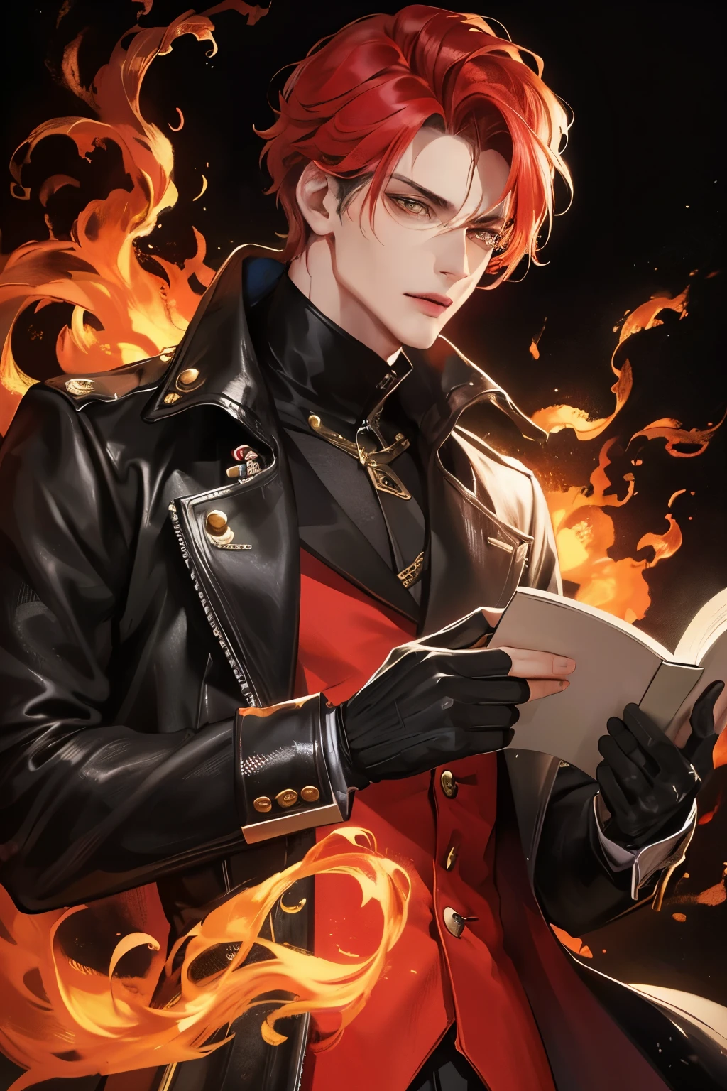 cover for a book, photography of a demon sexy man, a solo man, (((man))), (masculine face), 25 years old, demon, bad boy, (gold eyes), expressive look, red fire hair, (((dark background))), shine hair, unshaven, black suit, long sleve jacket, super detailed face, perfect body, perfect shapes, realistic image, award winning photography, 8k,