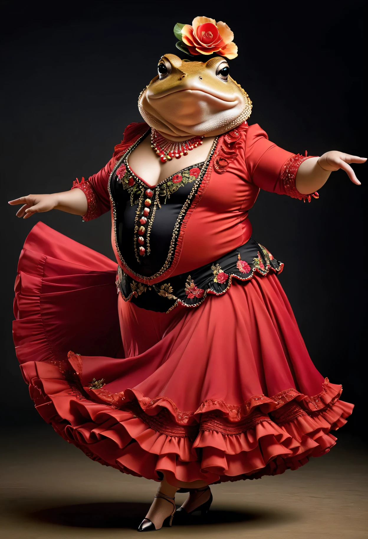photorealistic portrait of Dressed animals - a ((fat)) toad flamenco dancer, arms up ,(flamenco dancing), high quality,(lovely) ,intricate details, highly detailed ((flamenco costume)) ,highly detailed dress, high heels, highly detailed decorations, (passion), studio lighting,(full body image:1.5)