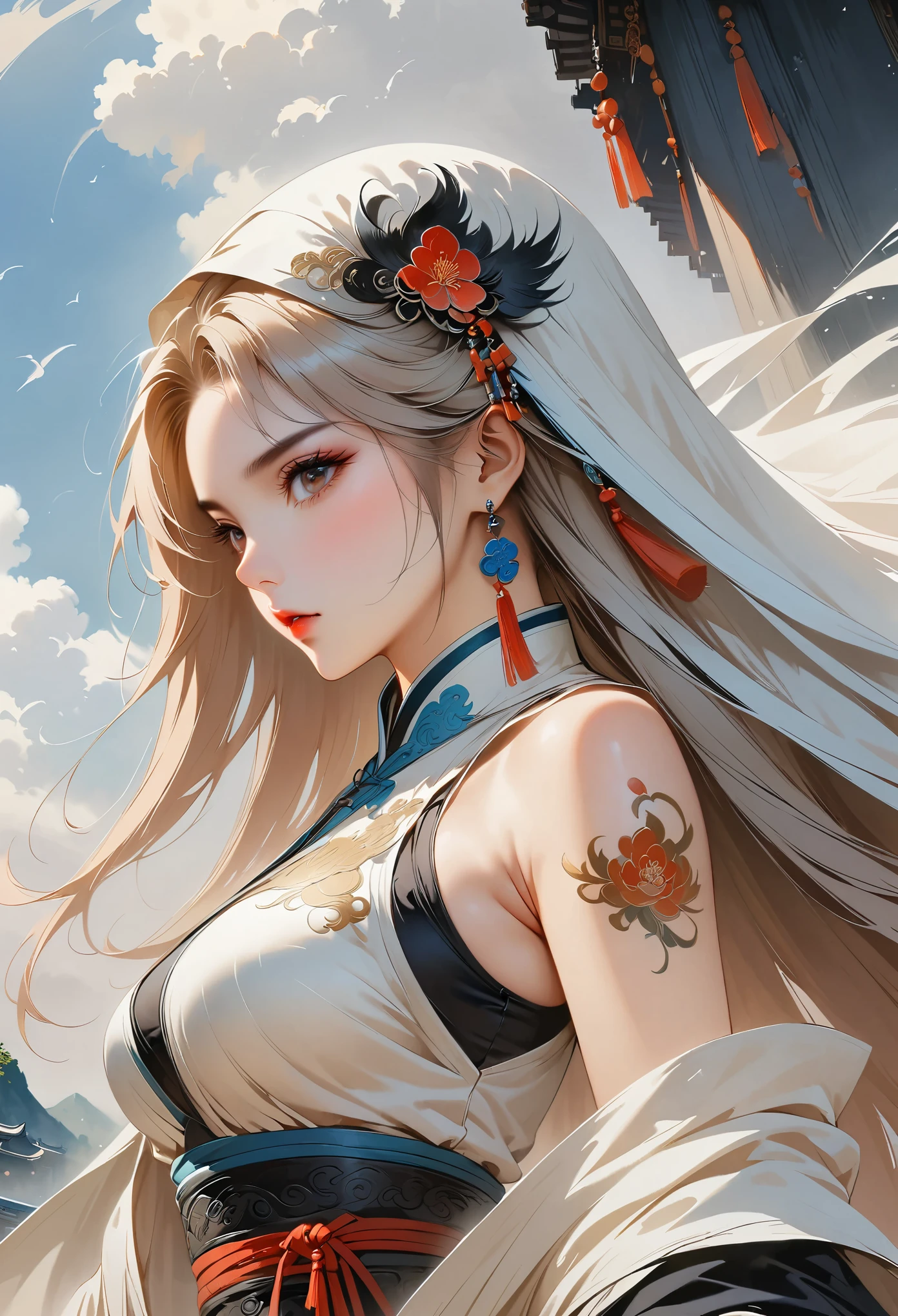a girl, Chinese clothing, whole body, Sunlight, Clear face, clean white background, masterpiece, Super details, epic work, ultra high definition, high quality, Very detailed, official art, 8k wallpaper, Super details, 32k