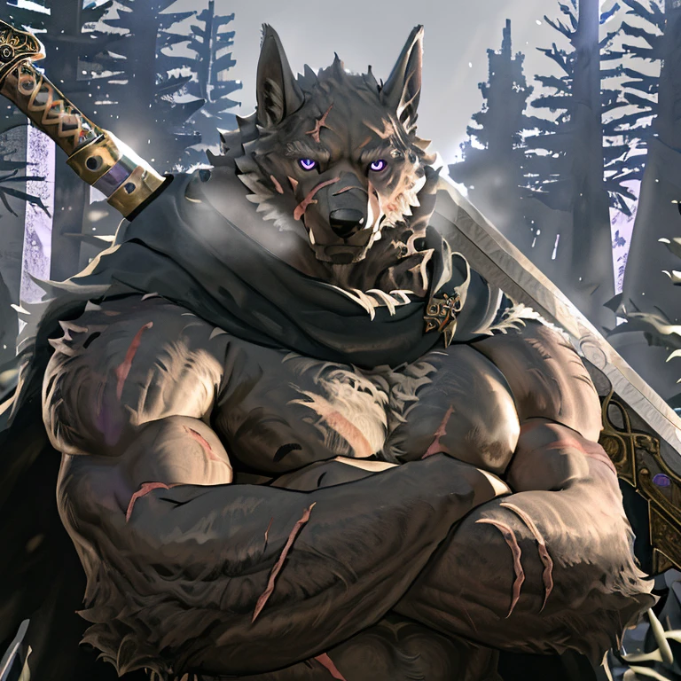 blaidd, in partial shadows, cape. 4k, high resolution, best quality, perfect colors, perfect shadows, perfect lighting, posted on e621, furry body, solo, male, adult, bare chest, masculine, (very muscular, buff, heavyweight, strong chest:1.2), correct anatomy, (photorealistic fur, detailed fur, epic, masterpiece:1.2), (dark fantasy world background, trees, black sky, night, cold), (naked body:1.2), (detailed eyes, purple eyes:1.2), (half body:1.1), serious face, strong posture, (large scars on body, scars on face:1.1), visible breath, erect penis, large penis, big penis, (veins, vascular:1.2), proud, (arms crossed:1.2), looking at viewer, messy fur, gruff, sit on rock, (holding sword:1.2)