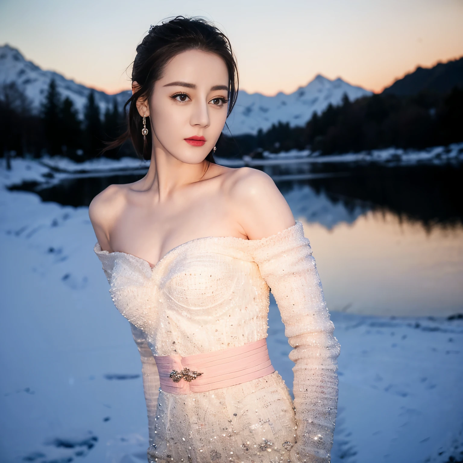 ((top quality、8k、Masterpiece:1.3))、Extremely delicate and beautiful girl,full-body shot,huge breasts,bigger breasts,amazing breast size,G cup。Wear big earrings,Very white skin,moist red lips,Waist is very thin,Thighs are very thin,big butt,fair and smooth skin,Smooth and fair skin,flawless skin,Fair and shiny skin,cold white skin,The camera focuses on the chest,Bright light,tight white sweater,Lower body exposed,bare shoulders,light pink hair,Hair is light pink,Snow covers the ground,snow mountain,sunset,lake,Show all the back,turn around,