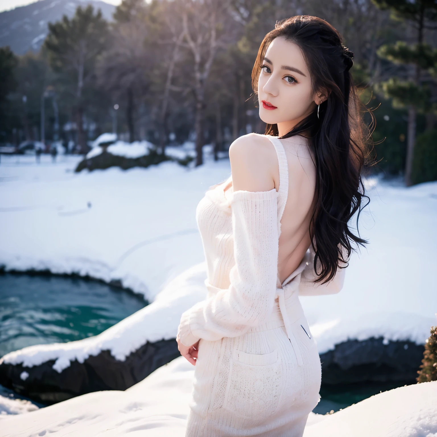 ((top quality、8k、​Masterpiece:1.3))、Extremely delicate and beautiful girl，full-body shot，huge breasts，bigger breasts，amazing breast size，G cup。Wear big earrings，Very white skin，moist red lips，Waist is very thin，Thighs are very thin，big butt，fair and smooth skin，Smooth and fair skin，flawless skin，Fair and shiny skin，cold white skin，The camera focuses on the chest，Bright light，tight white sweater，Lower body exposed，bare shoulders，light pink hair，Hair is light pink，Snow covers the ground，snow mountain，sunset，lake，Show all the back，turn around，