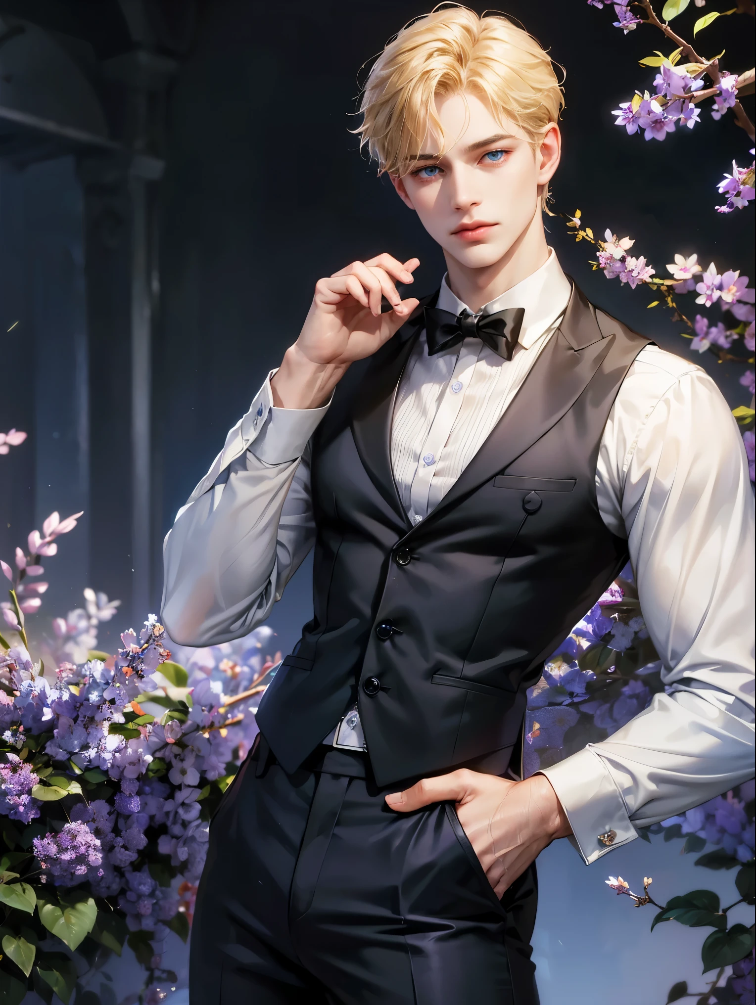 A boy, short blonde hair, wavy hair. Sky blue eyes. He wears white shirt with black vest withand black pants. Handsome guy, detailed eyes, detailed face, detailed hands, he looks at the viewer. Full figure. Background a forest, with amethyst flowers