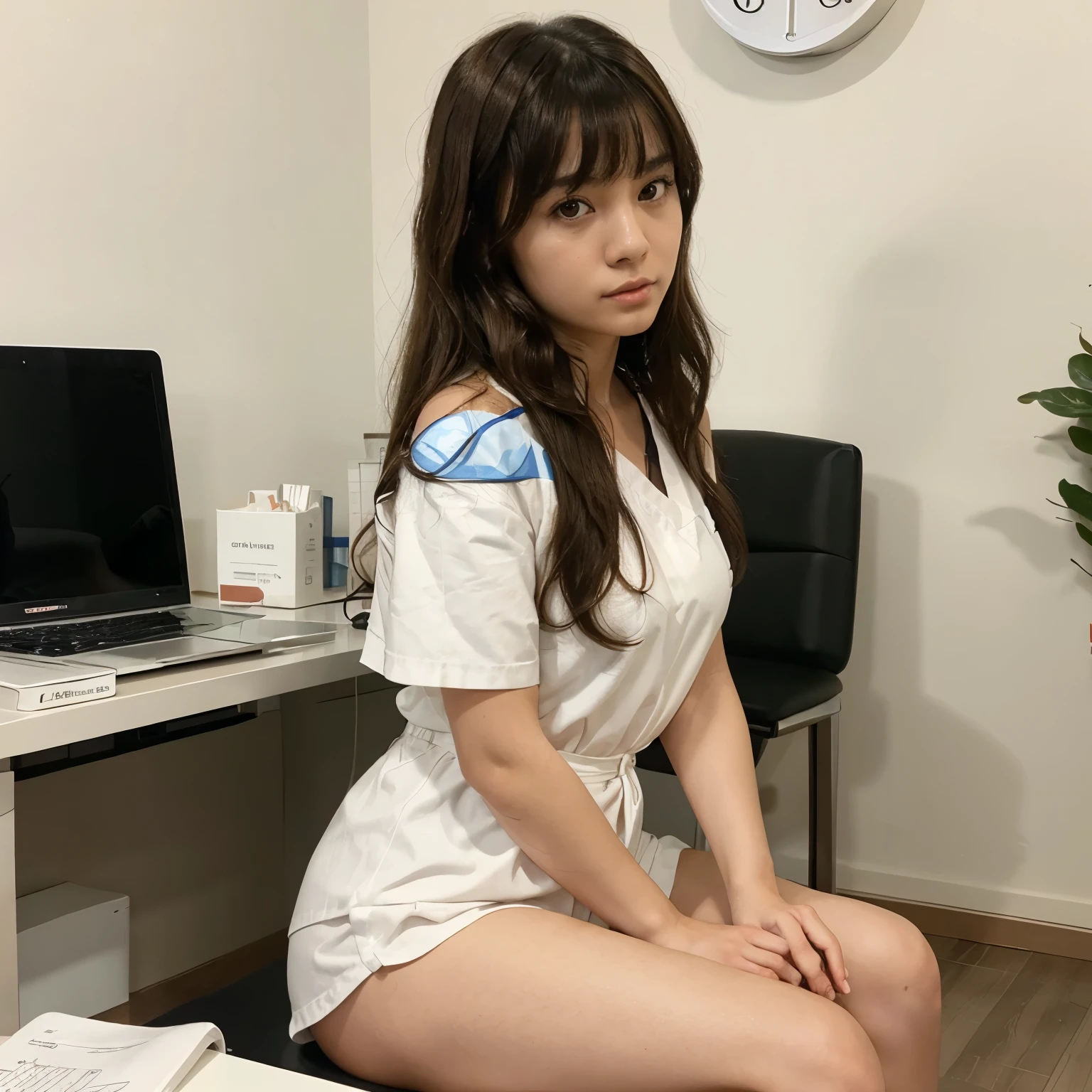 Oriental girl with big brown eyes, brunette with bangs, wavy hair below shoulders , in a white shirt sitting at her workplace with a laptop , behind the back is the On Clinic medical center logo