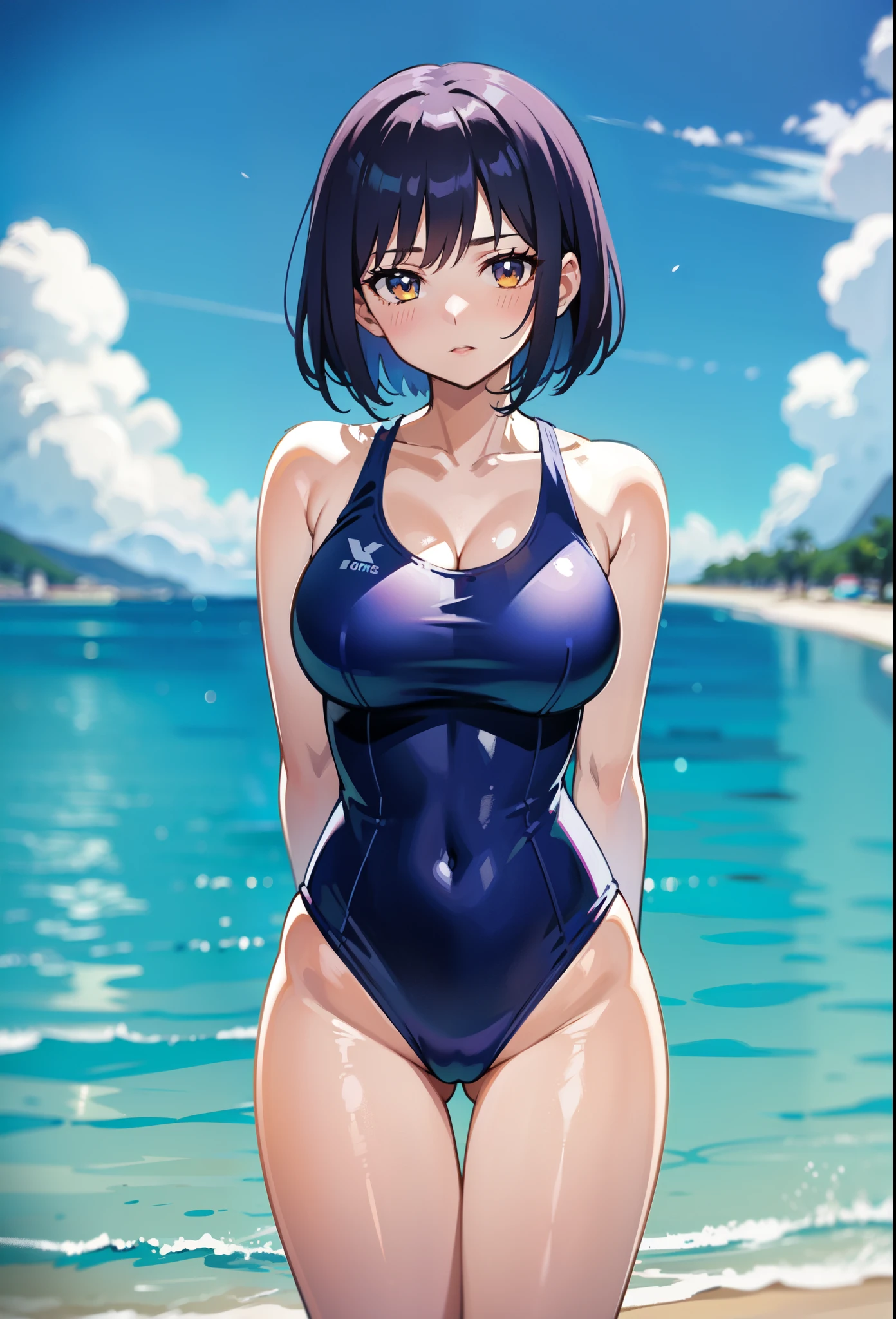 anime woman in a navyblue swimsuit on the pool、woman with short dark blue hair、Yellow-eyed woman、bob cut、scarface、is wearing a swimsuit、ワンピースswimsuit、clothing:ハイカットswimsuit、swimsuit、A woman wearing a dark blue tank suit、ワンピースswimsuit着用、wet swimsuit、high leg school swimwear、学校のswimsuit、high leg school swim suit、(anime woman)、on the beach、beautiful woman wearing tank suit、日本の学生用swimsuit、beautiful anime woman、cool woman wearing school swimsuit、highleg、 cool anime woman、strong muscles、big breasts、woman with very large breastuscular and strong、tall woman、muscular woman、cool atmosphere、cleavage、high school girl、in the sea、beautiful anime woman、anime moe art style、Smooth anime CG art、Also、anime best women、naughty anime style、a woman is standing、!!full body portrait!!、beautiful charming anime teen、