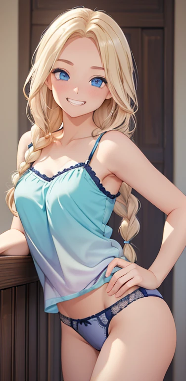 Realistic、1house wife、blonde hair、braid、blue eyes、(eye focus:1.3,face focus,cowboy shot),(gradient eyes:1.3),(camisole　sexy　panties
)、open mouth,(grin:1.3),forehead,cute face、hand on own hip,