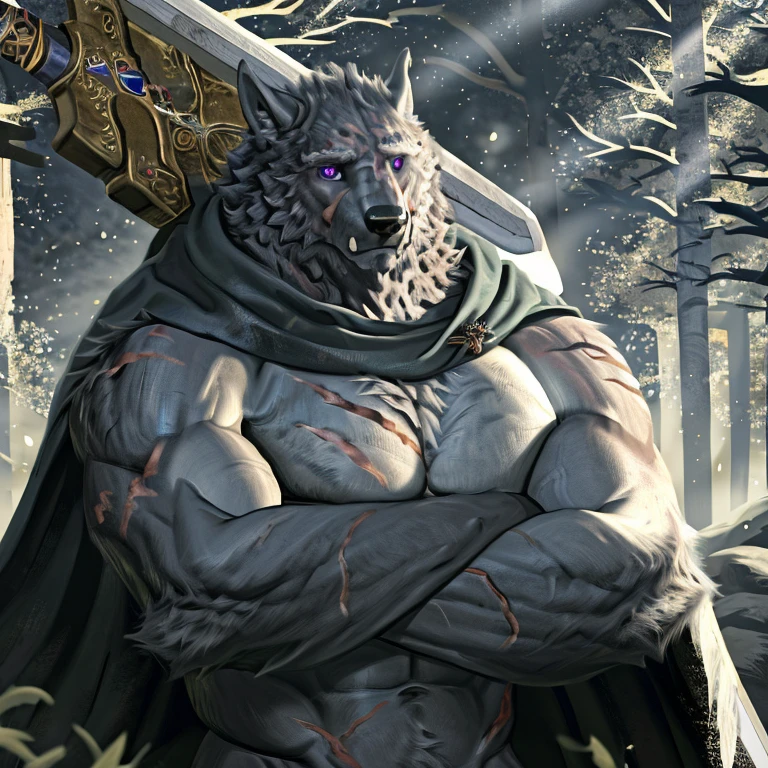blaidd, in partial shadows, cape. 4k, high resolution, best quality, perfect colors, perfect shadows, perfect lighting, posted on e621, furry body, solo, male, adult, bare chest, masculine, (very muscular, buff, heavyweight, strong chest:1.2), correct anatomy, (photorealistic fur, detailed fur, epic, masterpiece:1.2), (dark fantasy world background, trees, black sky, night, cold), (naked body:1.2), (detailed eyes, purple eyes:1.2), (half body:1.1), serious face, strong posture, (large scars on body, scars on face:1.1), visible breath, erect penis, large penis, big penis, (veins, vascular:1.2), proud, (arms crossed:1.2), looking at viewer, messy fur, gruff, sit on rock, (holding sword:1.2)