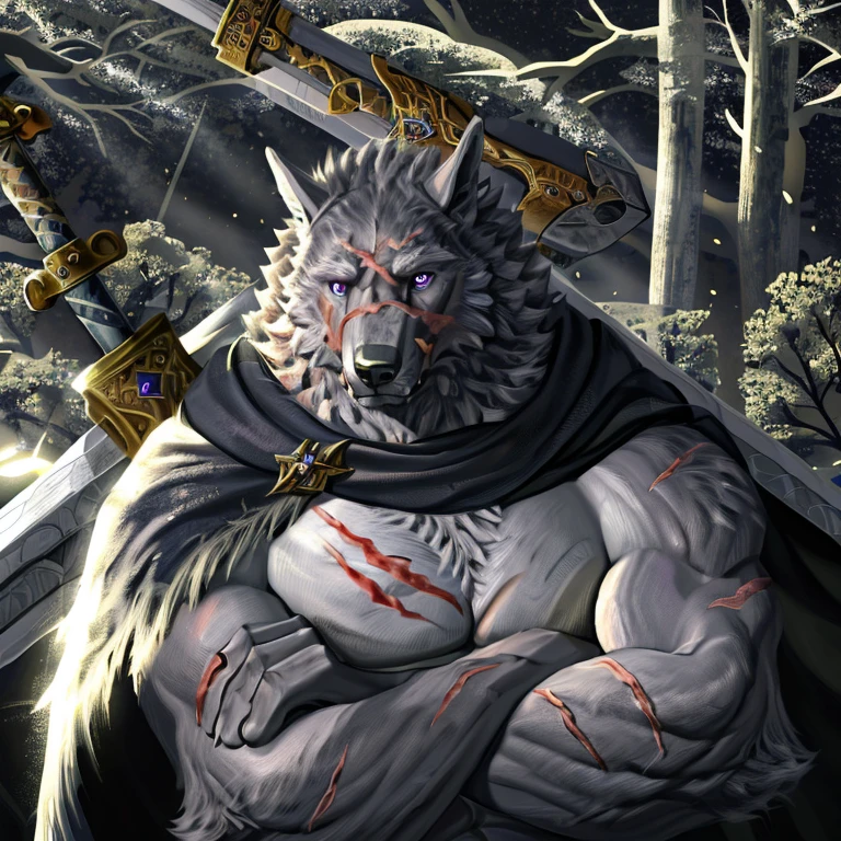 blaidd, in partial shadows, cape. 4k, high resolution, best quality, perfect colors, perfect shadows, perfect lighting, posted on e621, furry body, solo, male, adult, bare chest, masculine, (very muscular, buff, heavyweight, strong chest:1.2), correct anatomy, (photorealistic fur, detailed fur, epic, masterpiece:1.2), (dark fantasy world background, trees, black sky, night, cold), (naked body:1.2), (detailed eyes, purple eyes:1.2), (half body:1.1), serious face, strong posture, (large scars on body, scars on face:1.1), visible breath, erect penis, large penis, big penis, (veins, vascular:1.2), proud, (arms crossed:1.2), looking at viewer, messy fur, gruff, sit on rock, (holding sword:1.2)