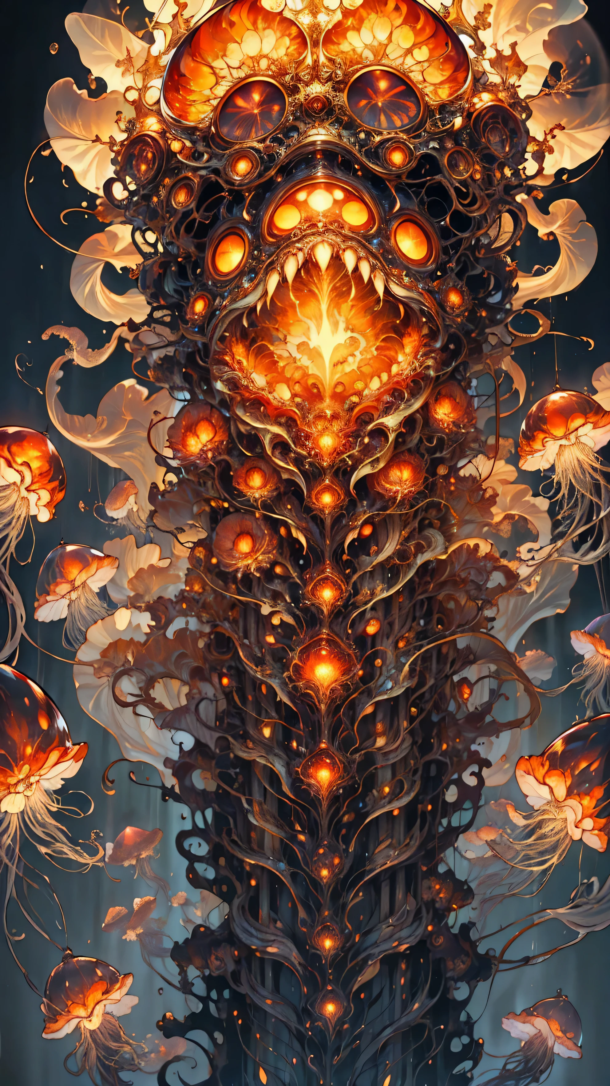 (high quality,4K,8K,high resolution,masterpiece:1.2),Detailed structure of jellyfish, Vibrant flames merge with jellyfish, Dynamic flames,Super detailed jellyfish tentacles, Fiery shades, Realistic movement